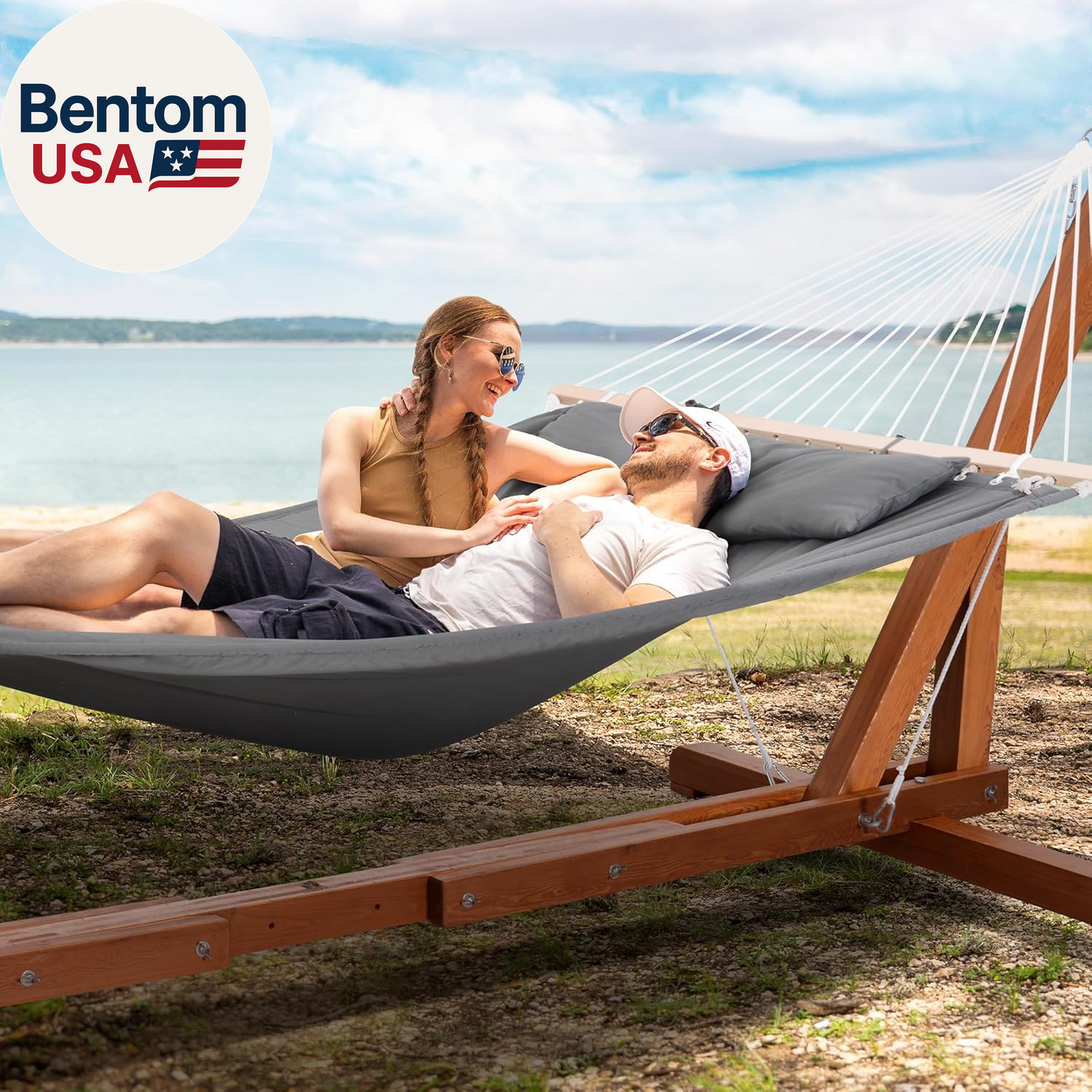 Adjustable 12-14 Ft Wooden Hammock Stand, Outdoor Larch Wood Hammock Stand Only,