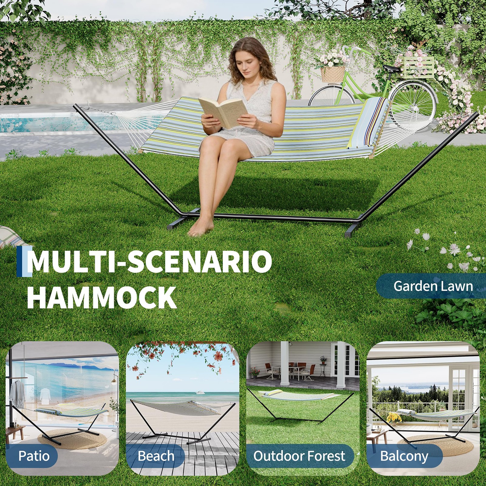 2 Person Portable Hammock with Stand for Outdoor with Pillow, 450LBS Capacity