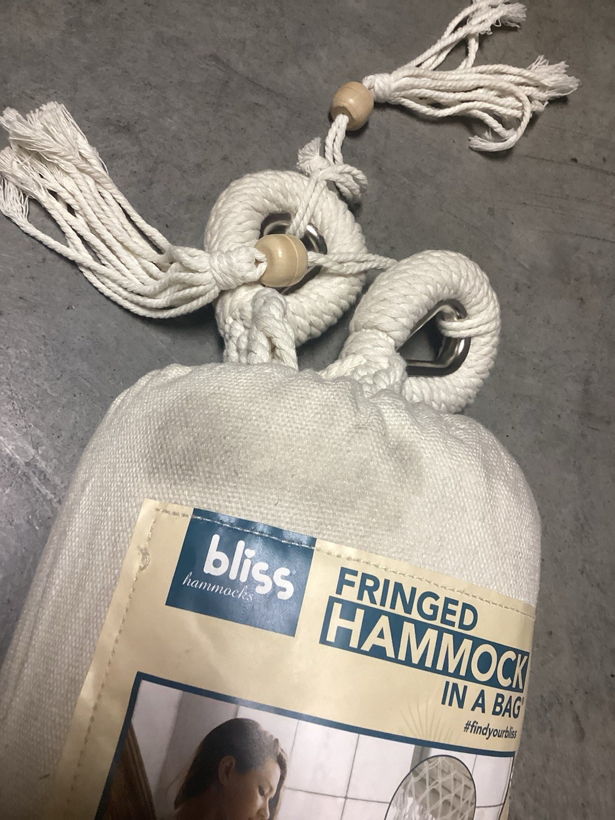 BLISS Hammocks Polyester Hand-Braided Hammock in a Bag Crochet Fringed Cream NIB