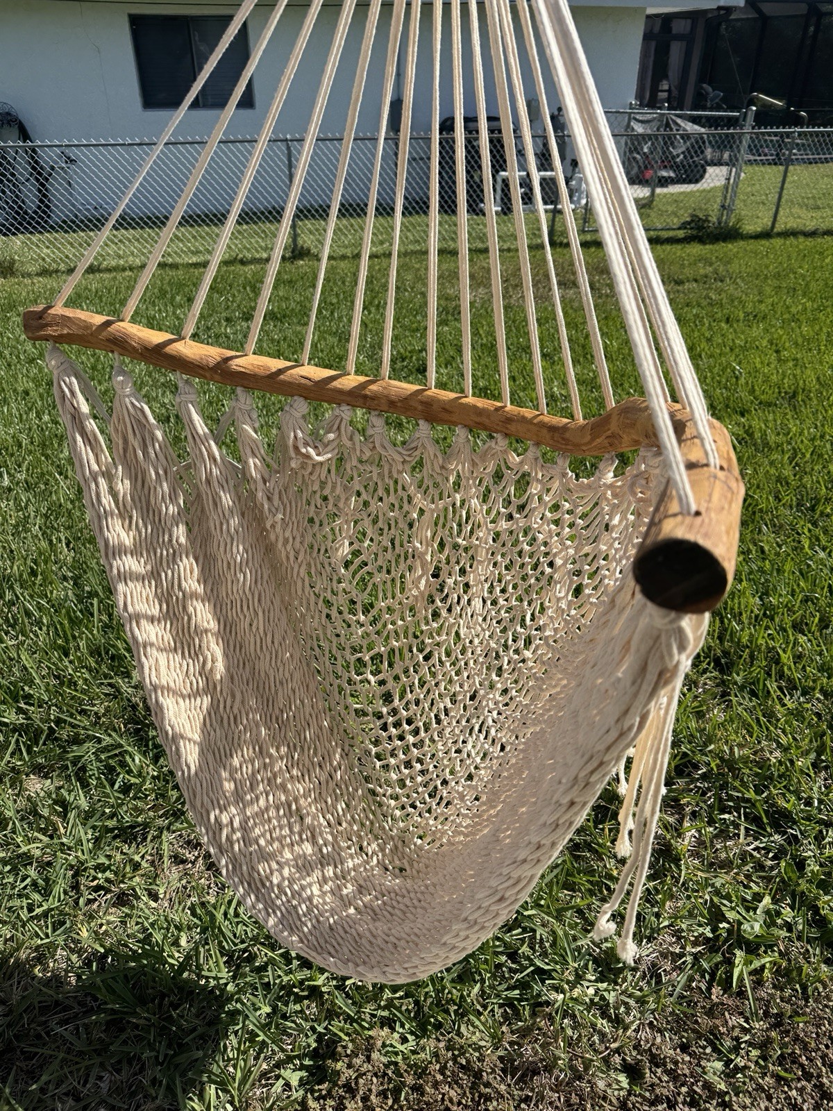 Large Heavy Duty Hand Carved Wooden Rod Frame Rope Swing Chair Fringe Bohemian
