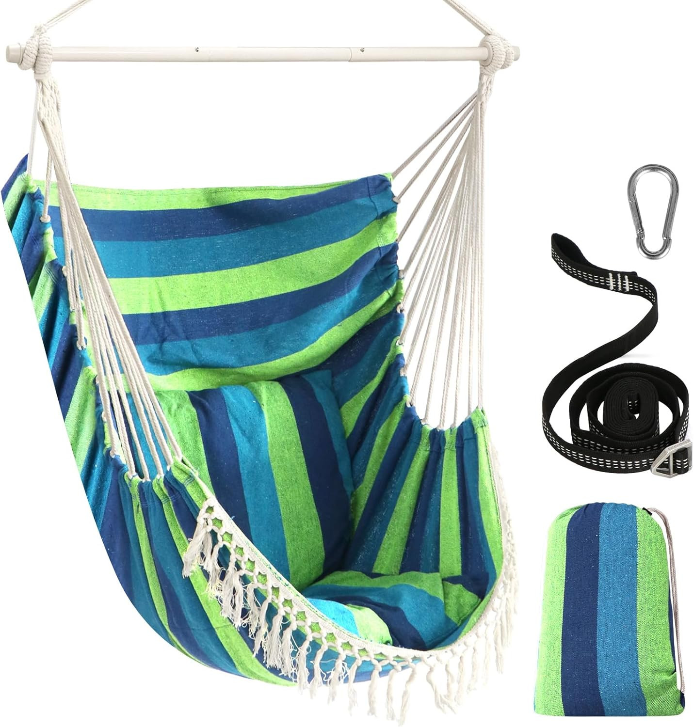 Hammock Swing Chair 500lbs 2 Cushion Steel Spreader Bar Portable Side Pocket