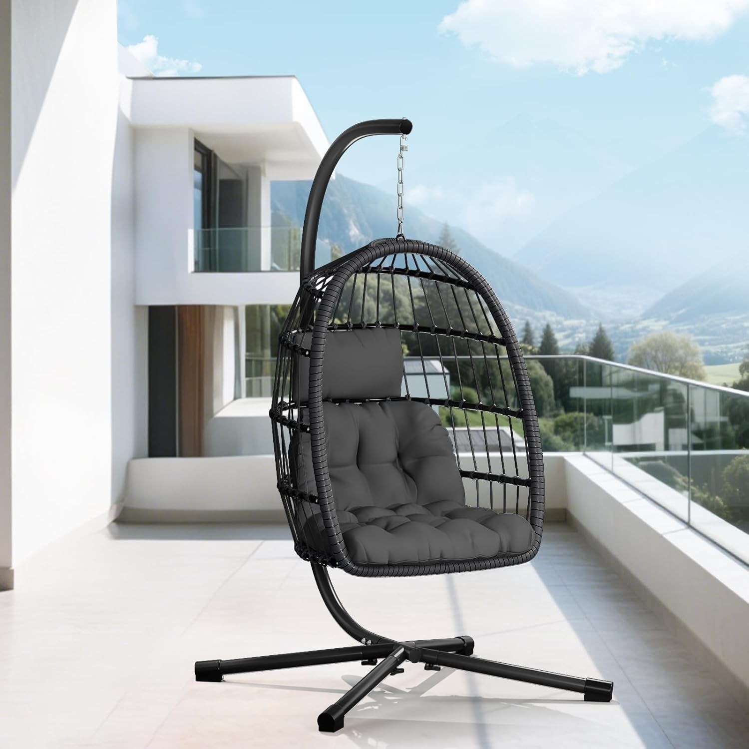 Egg Chair with Stand Patio Rattan Wicker Hanging Swing Egg Hammock Chair 350LBS