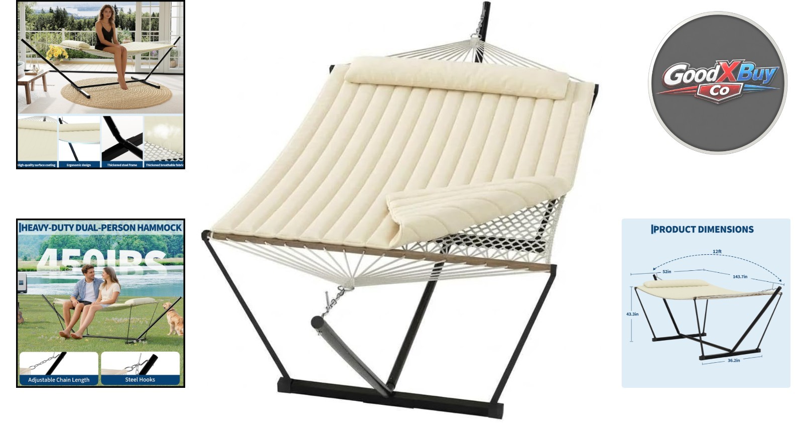 Portable Double Hammock with Stand and Pillow 2 Person Heavy Duty Outdoor