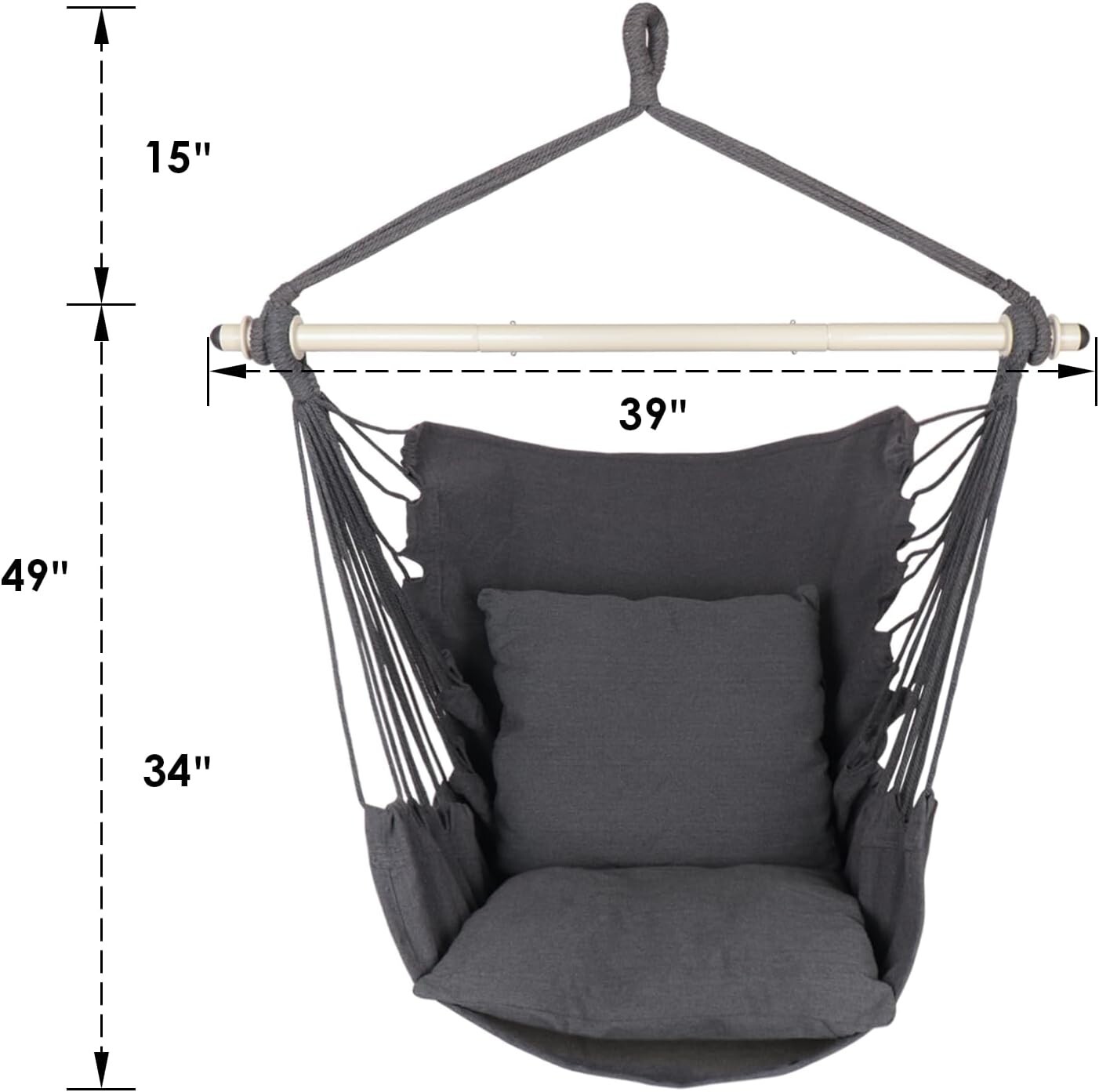 Hammock Chair Hanging Rope Swing Polyester 500lbs Indoor Outdoor Grey