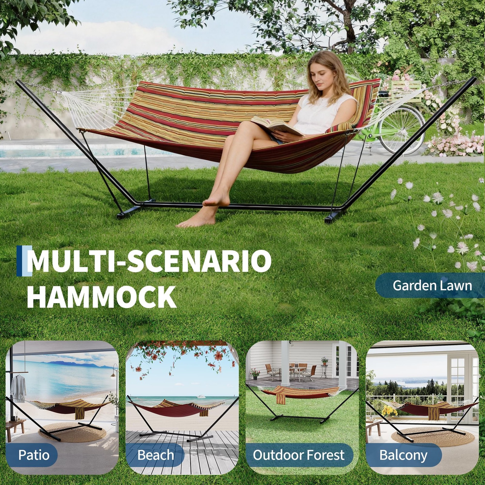 Heavy Duty Outdoor Hammock w/Balance Rope & Stand 450 LBS Large Hammock for Yard
