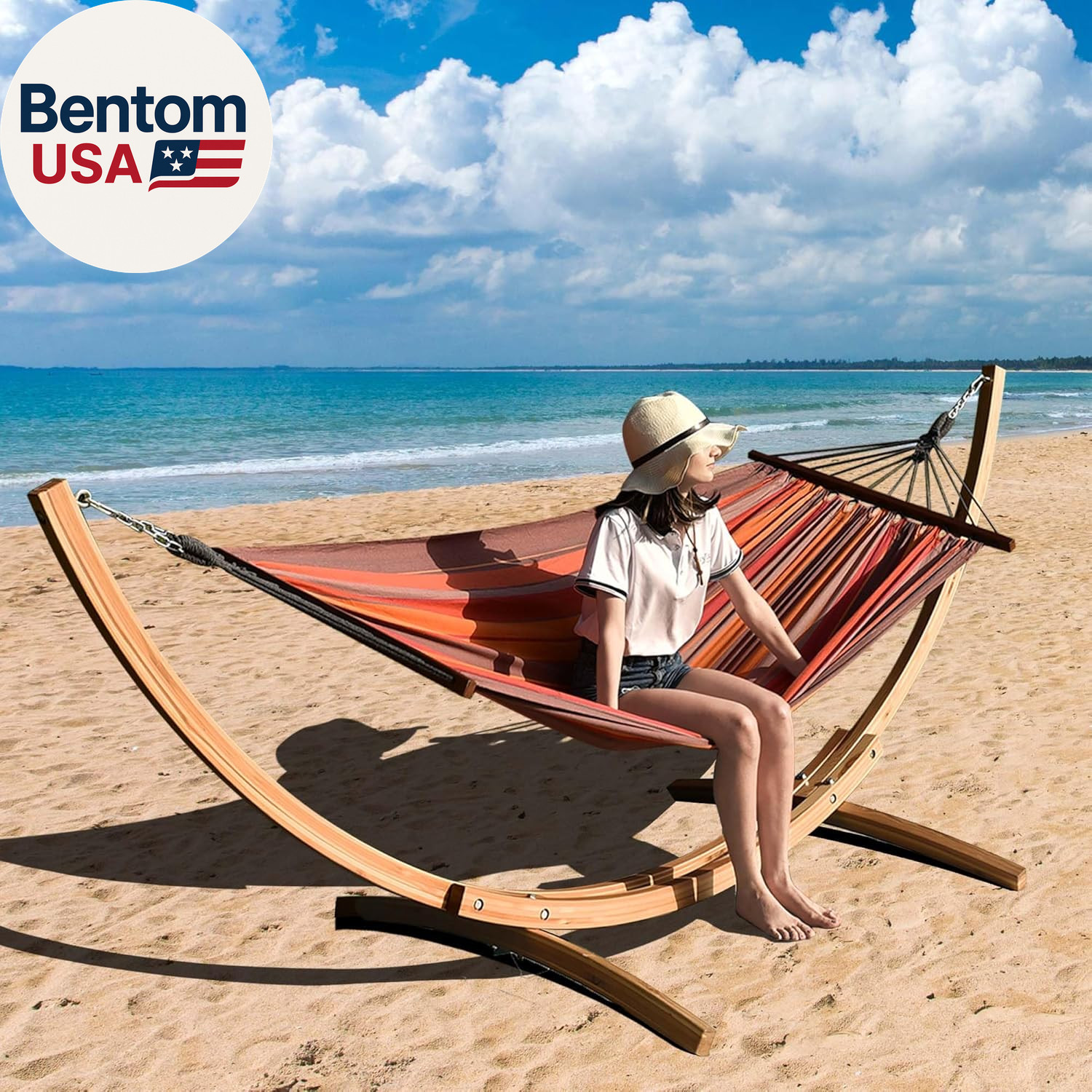 10.5 FT Outdoor Arc Wood Hammock Stand, 2 Person Hard Pine Wood Hammock Stand wi