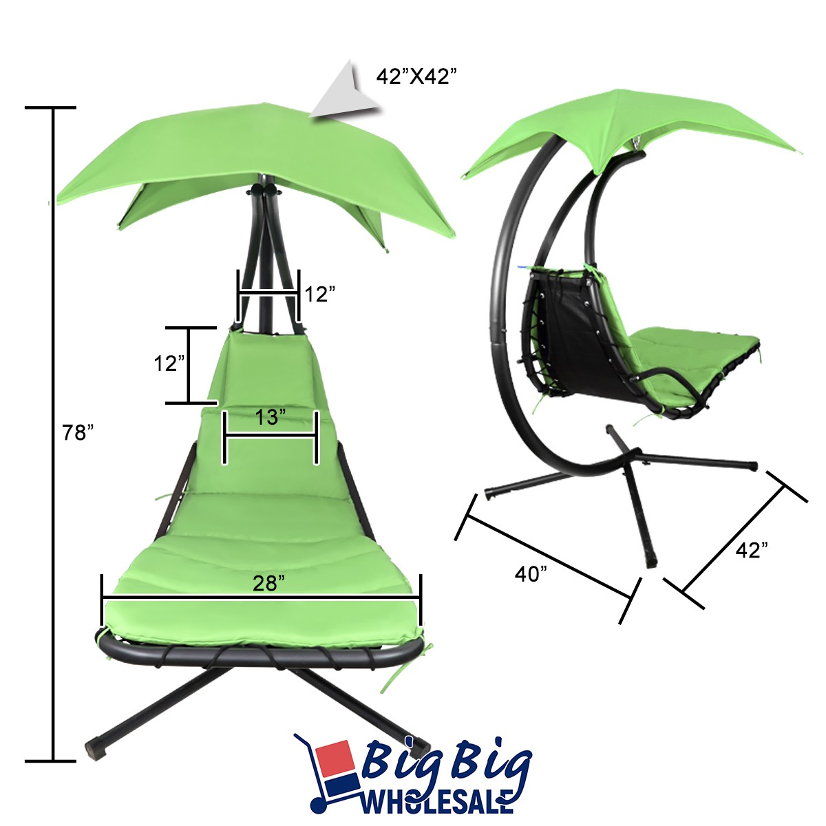 2 Patio Hanging Chaise Outdoor Lounge Chairs Cushion Green Canopy Arc Stand