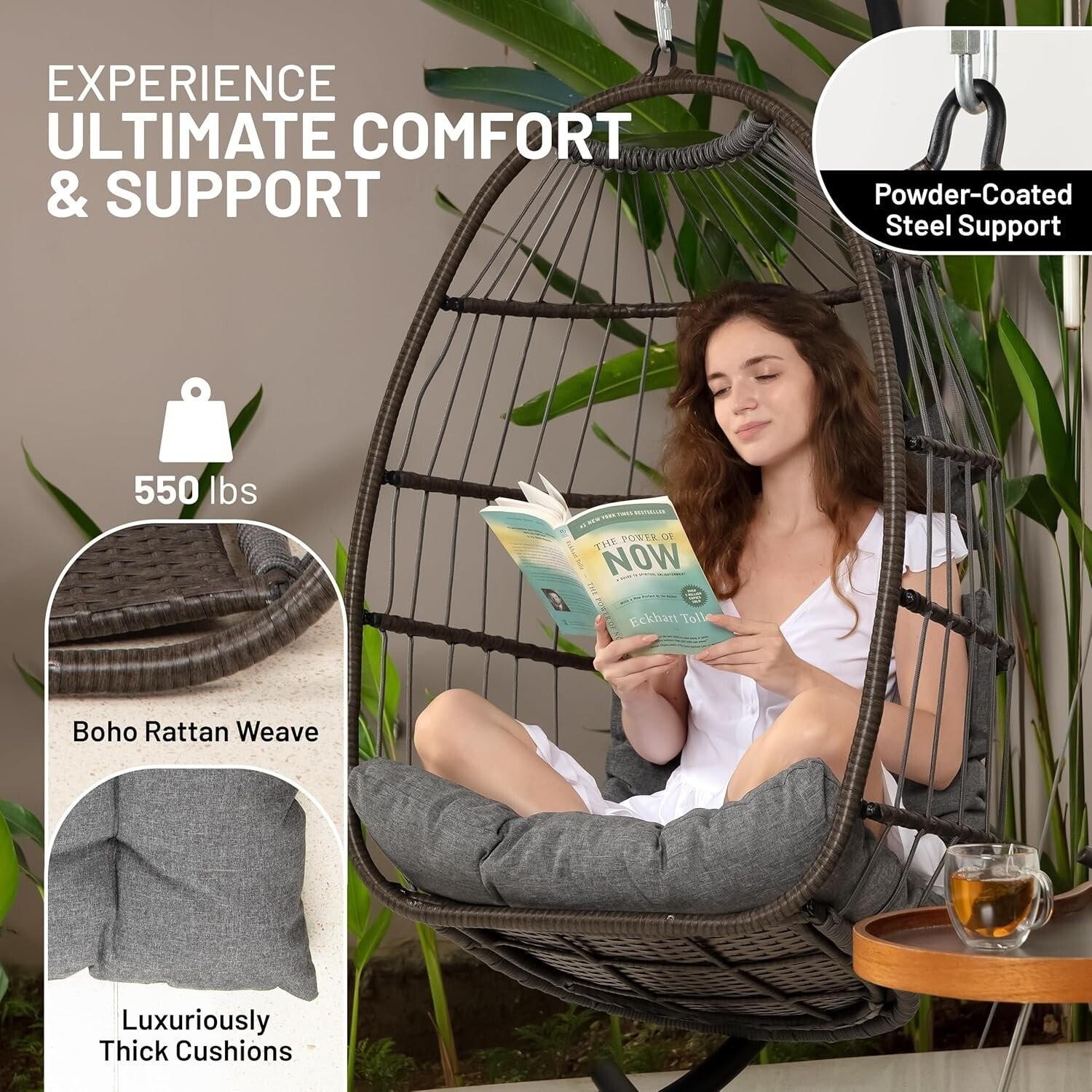 SereneLife Hanging Egg Chair with Stand – Up to 550 lbs of Capacity