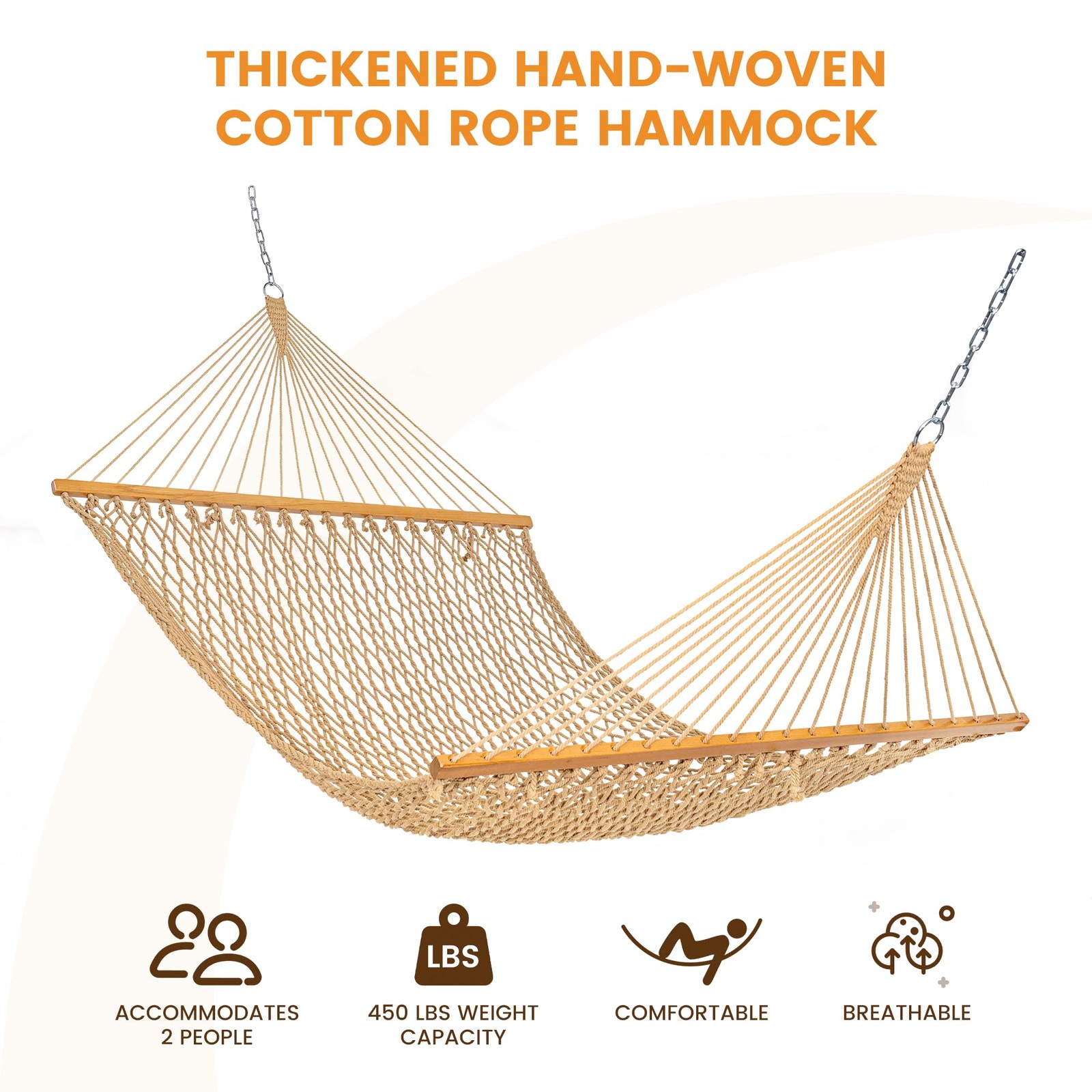 Double Rope Hammock 2 Person Hand Woven Cotton with Spreader Bar Tan Max 450 Lbs
