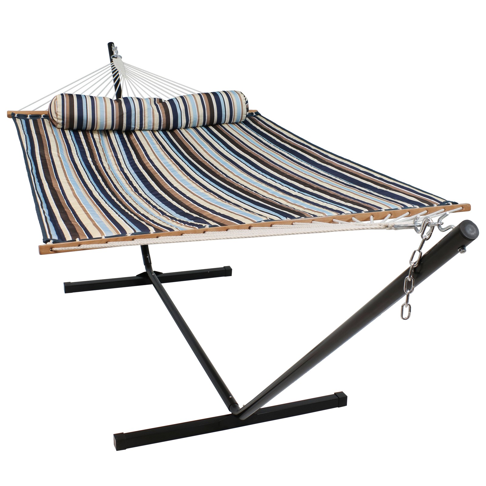 Large Quilted Fabric Hammock with Steel Stand and Pillow – Ocean by Sunnydaze