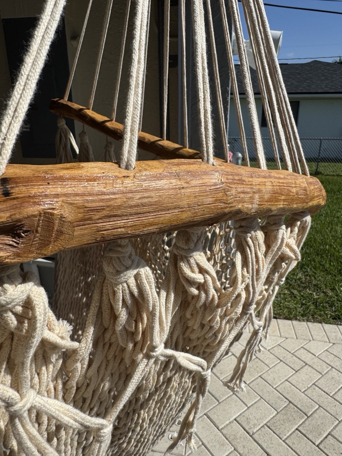 Large Heavy Duty Hand Carved Wooden Rod Frame Rope Swing Chair Fringe Bohemian