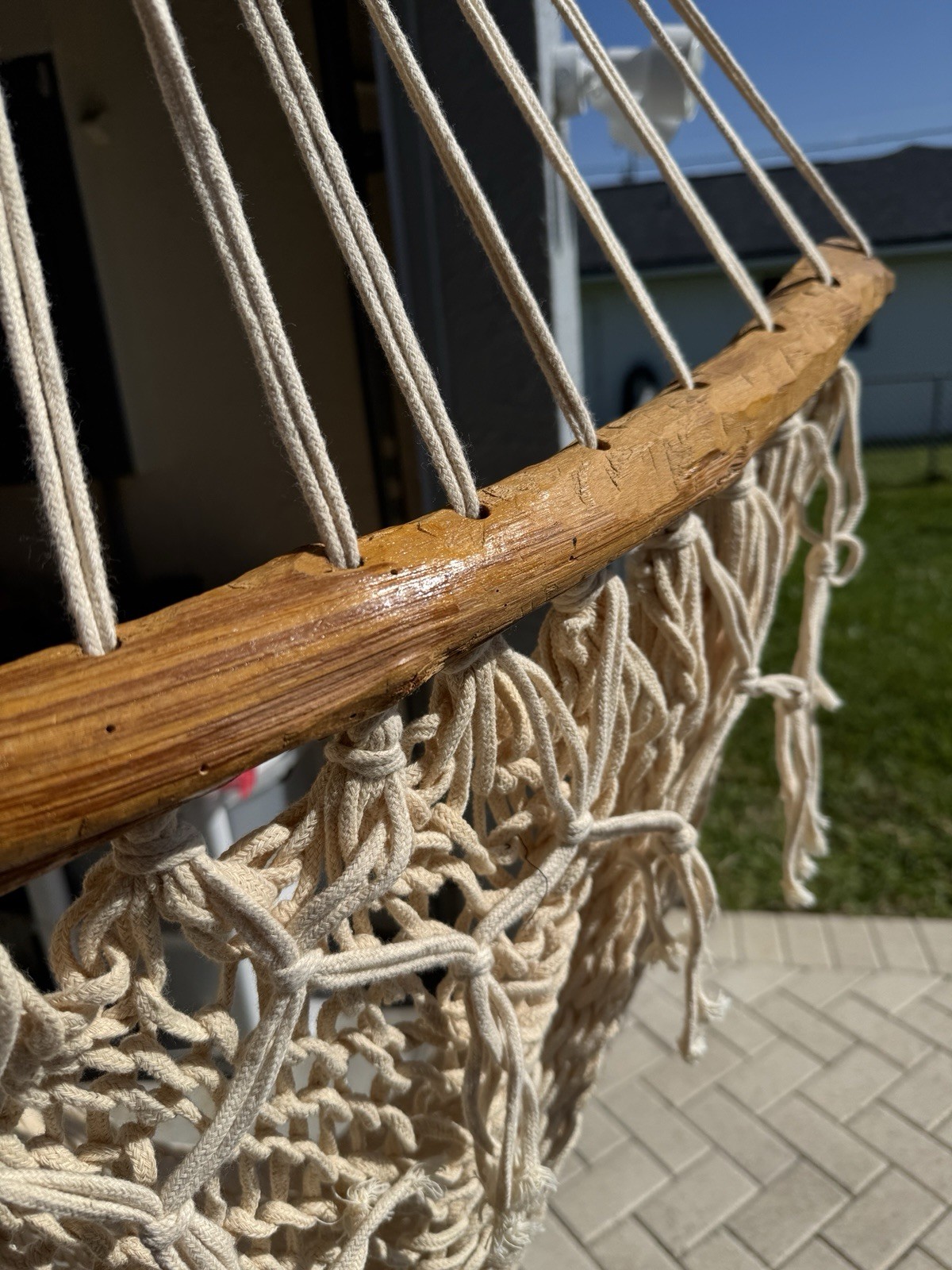 Large Heavy Duty Hand Carved Wooden Rod Frame Rope Swing Chair Fringe Bohemian
