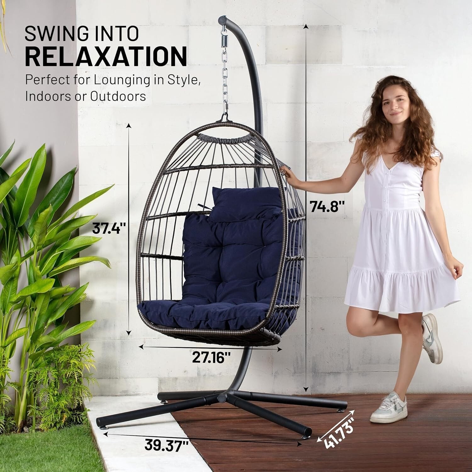 SereneLife Hanging Egg Chair with Stand – Up to 550 lbs of Capacity (Deep Blue)