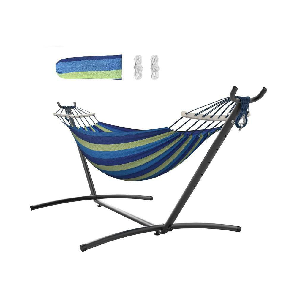 Polyester Cotton Iron Foldable Hammock with Stand for Backyard, Camping, Dark Bl