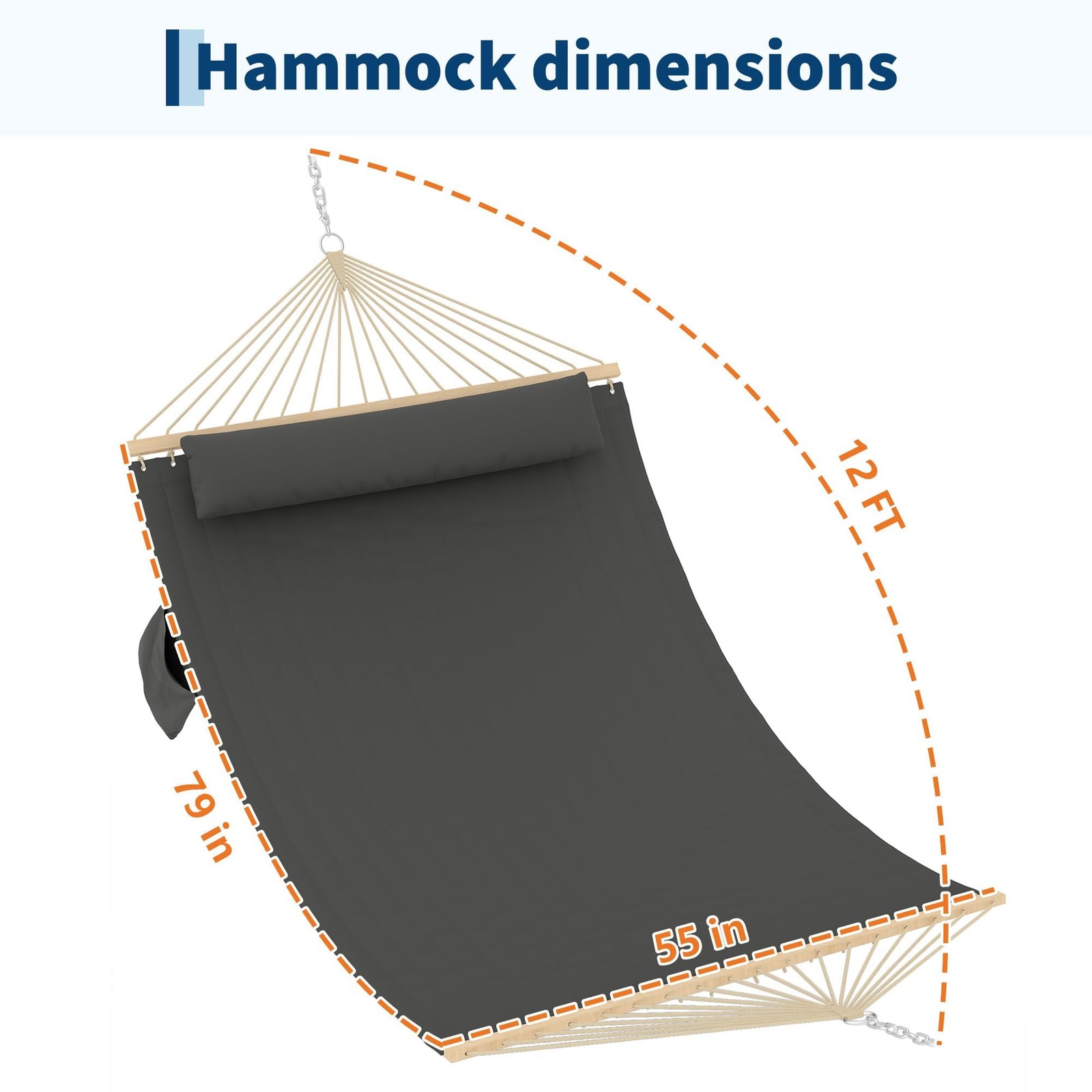 Quilted Fabric Hammock, 2 Person Outdoor Hammock with Wood Spreader Double 12FT