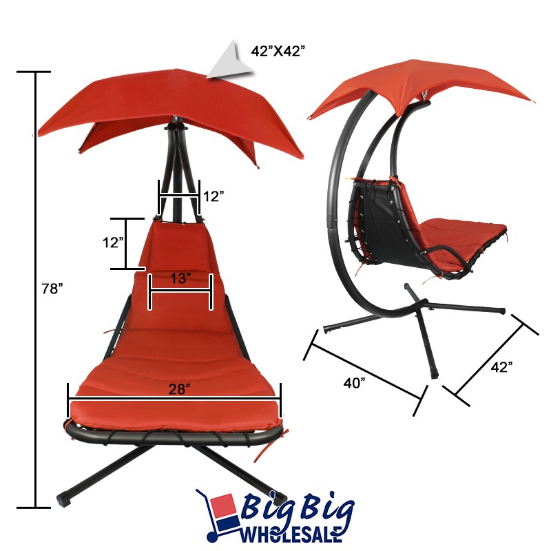 2 Patio Hanging Chaise Outdoor Lounge Chairs Cushion Orange Canopy Arc Stand