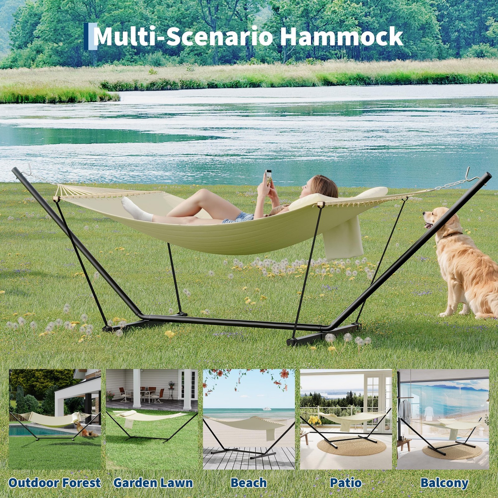 2 Person Adjustable Steel Stand Double Hammock with Stand Heavy Duty Portable
