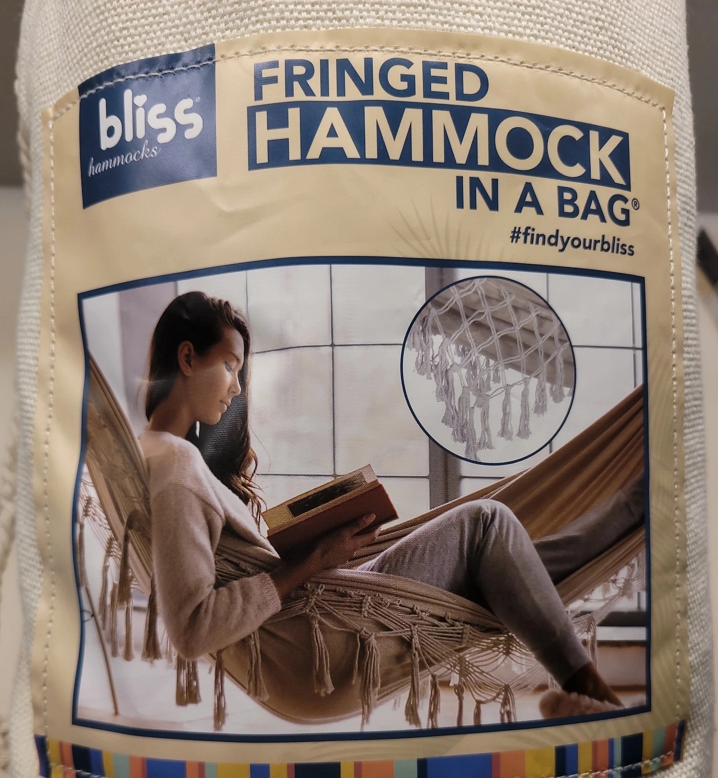 BLISS Hammocks Polyester Hand-Braided Hammock in a Bag Crochet Fringed Cream NIB
