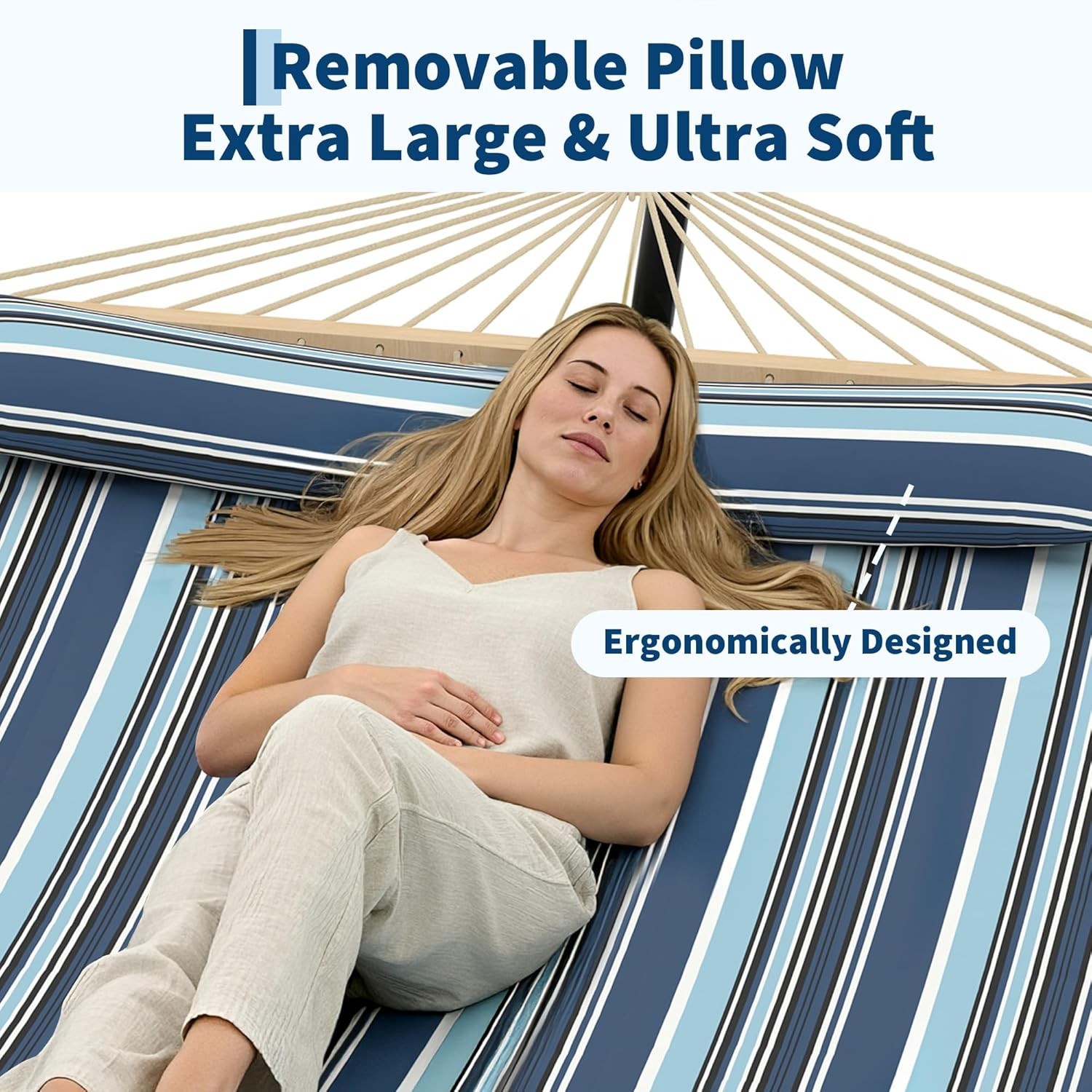 450lbs Double Quilted Fabric Hammock with Hardwood Spreader Bars and Pillow
