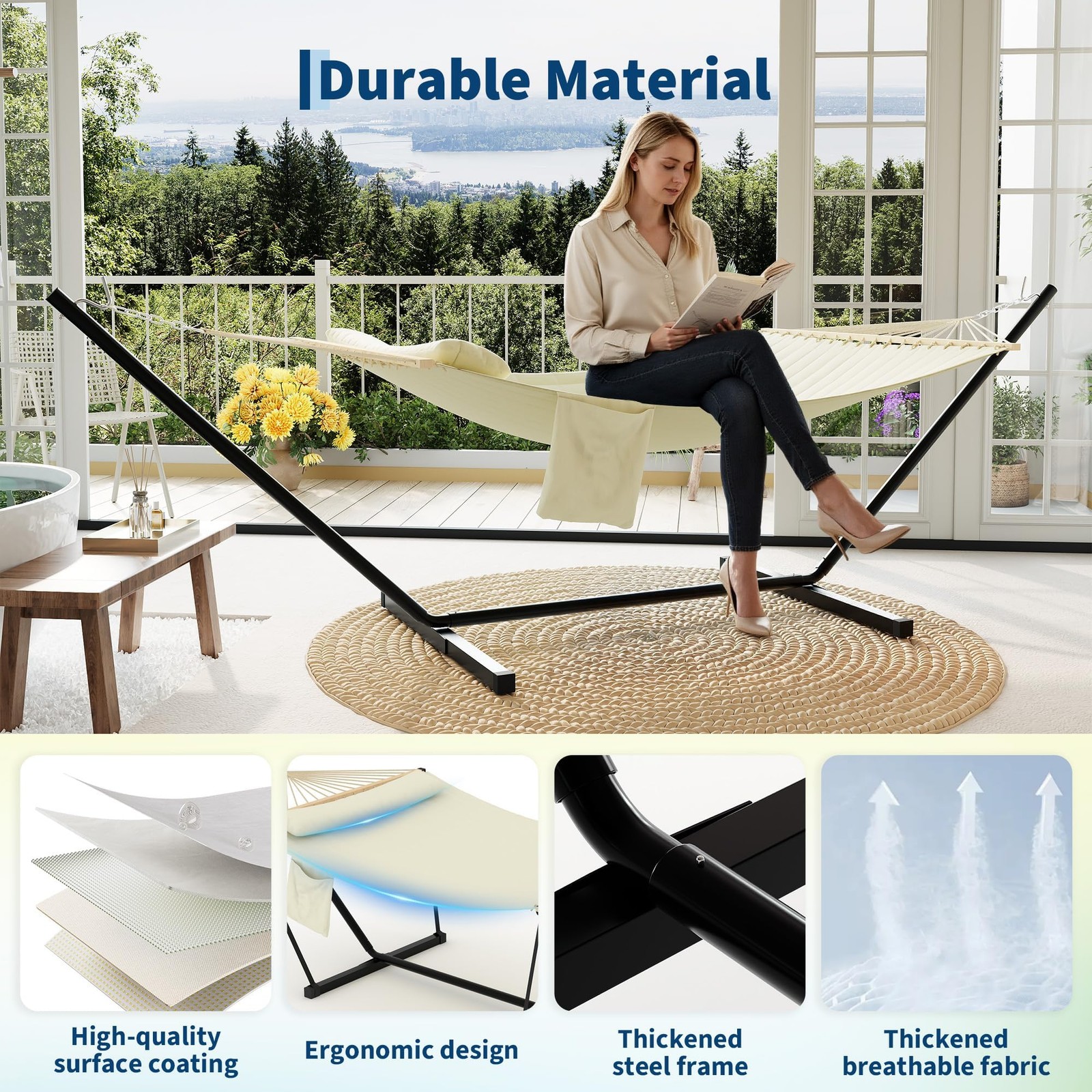 2 Person Adjustable Steel Stand Double Hammock with Stand Heavy Duty Portable