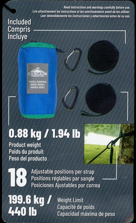 CASCADE MOUNTAIN TECH DOUBLE HAMMOCK-INCLUDES CARRYING CASE BLUE/GREEN