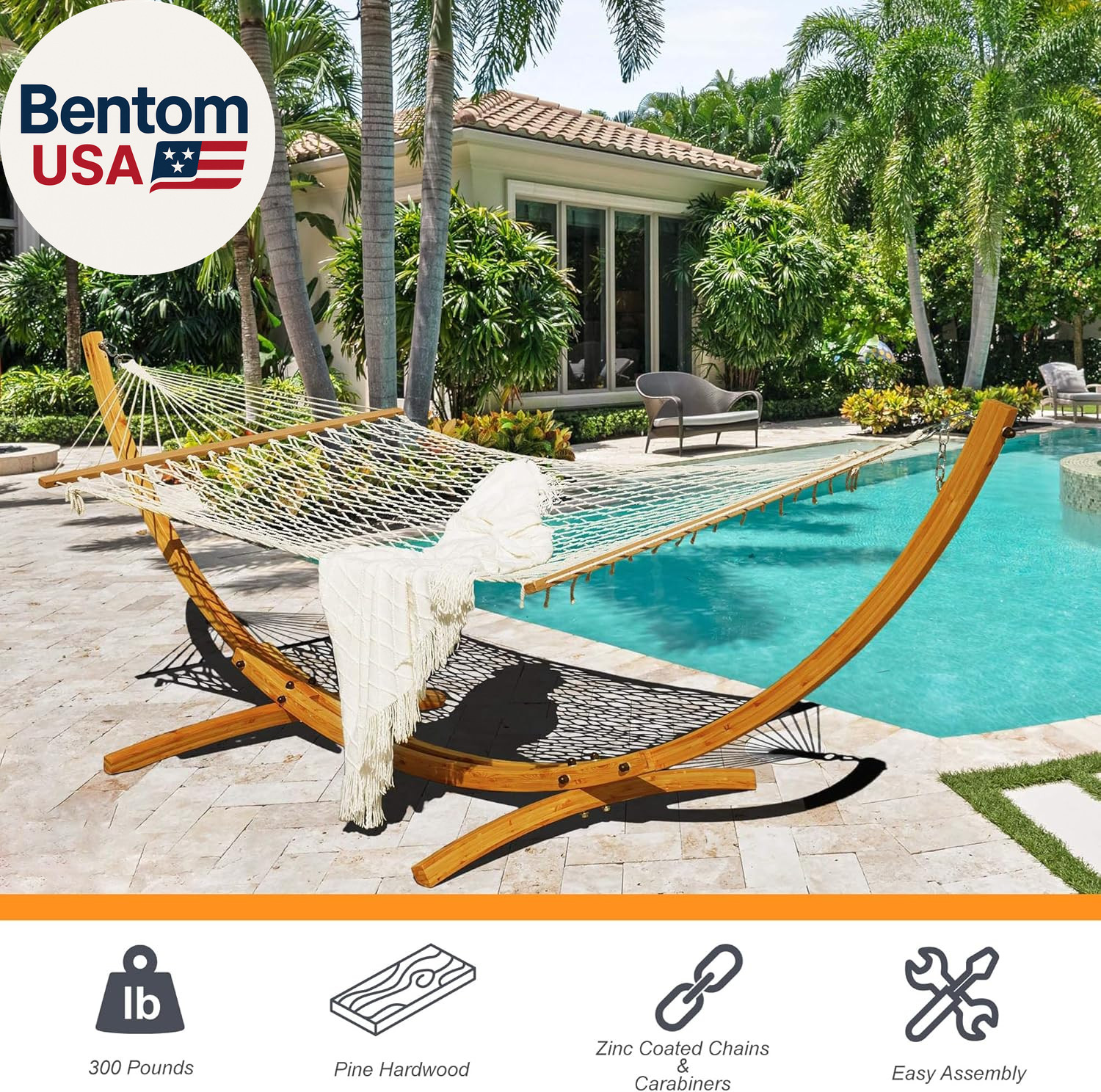 10.5 FT Outdoor Arc Wood Hammock Stand, 2 Person Hard Pine Wood Hammock Stand wi
