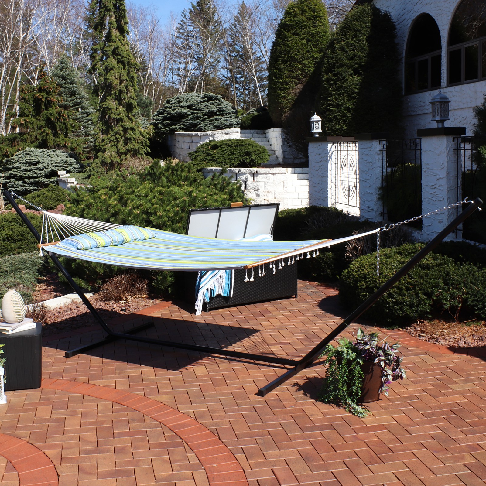 2-Person Quilted Fabric Hammock with Steel Stand – Blue/Green by Sunnydaze