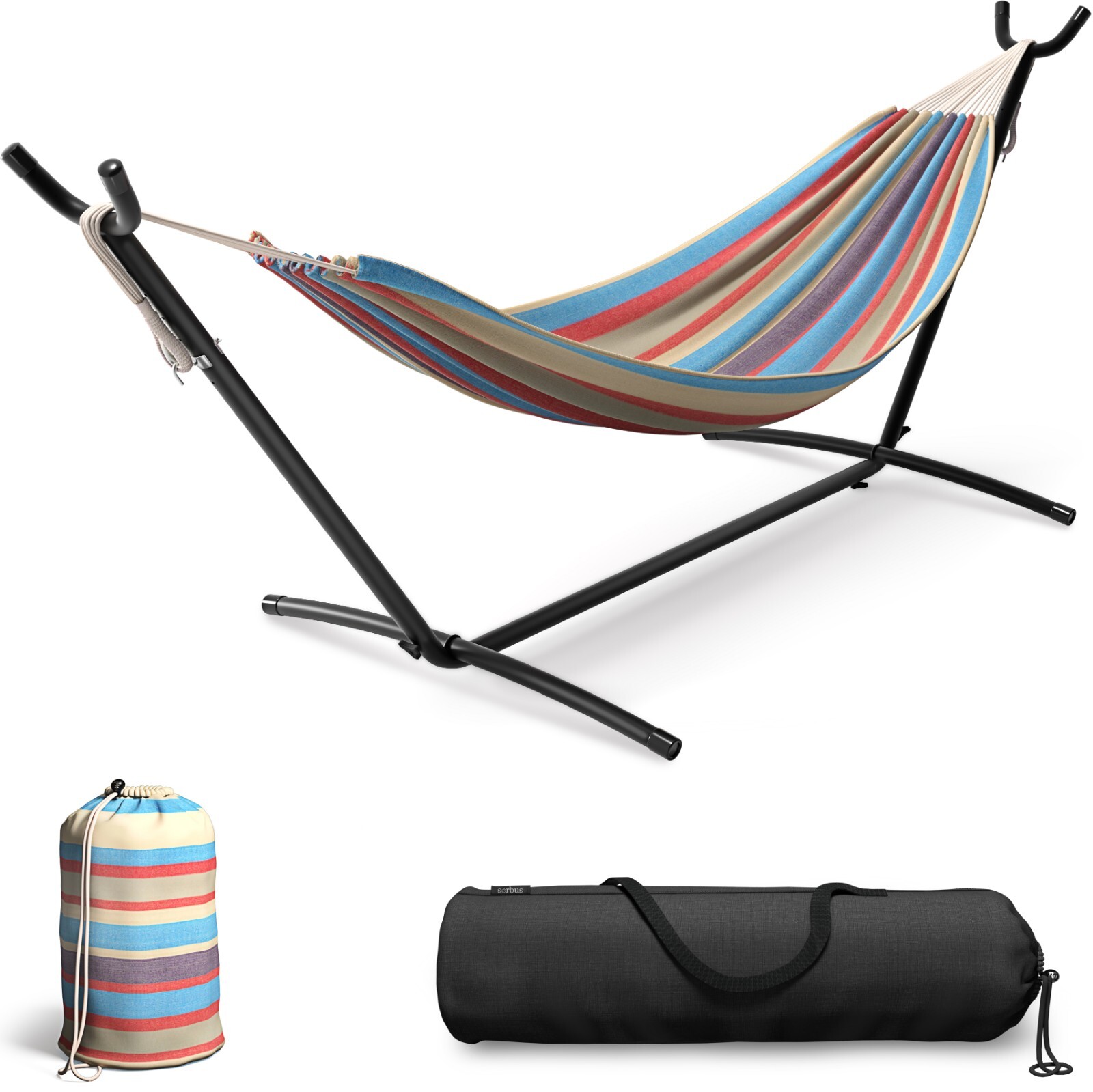 Brazilian Double Hammock with stand – Blue, Sand, Purple, Red Stripes