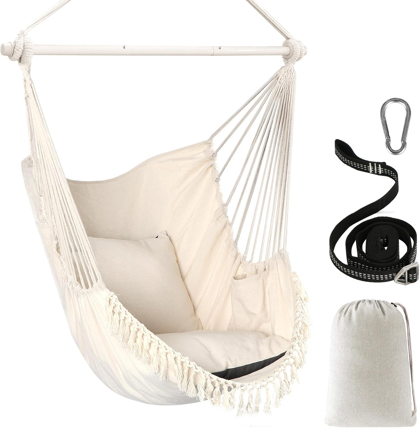 Hammock Swing Chair 500lbs 2 Cushion Steel Spreader Bar Portable Side Pocket