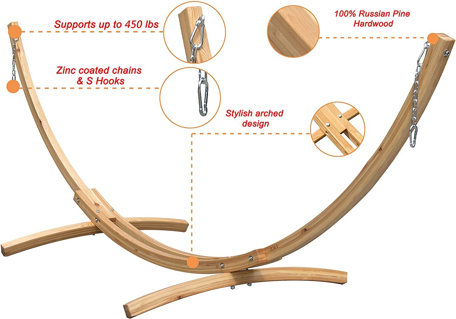 Wood Hammock Stand Natural Russian Solid Hard Pine Arc Curved With Chain Hooks