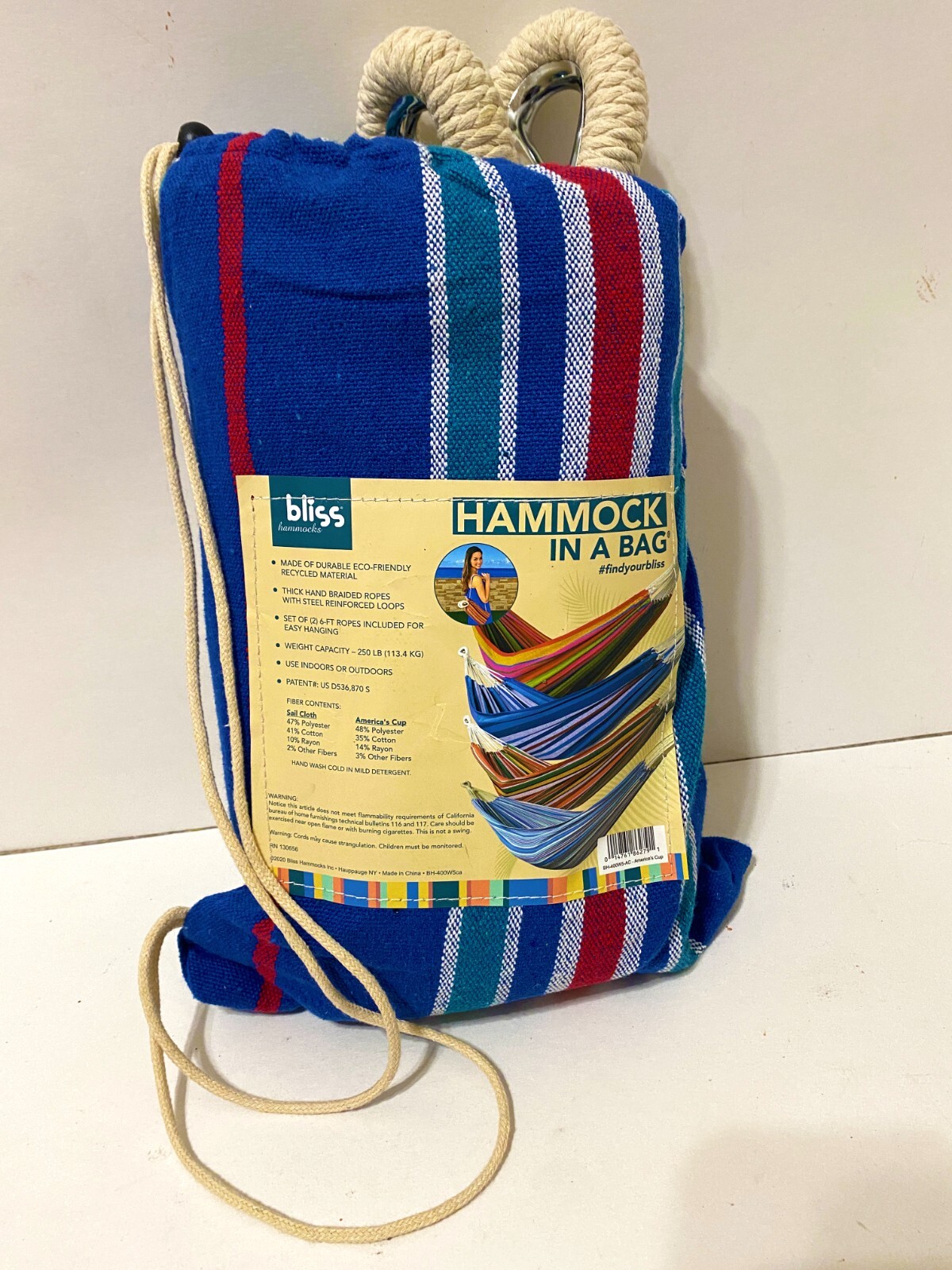 Bliss Hammock In Bag + Hanging Ropes 250 LB Capacity Cotton Polyester MultiColor