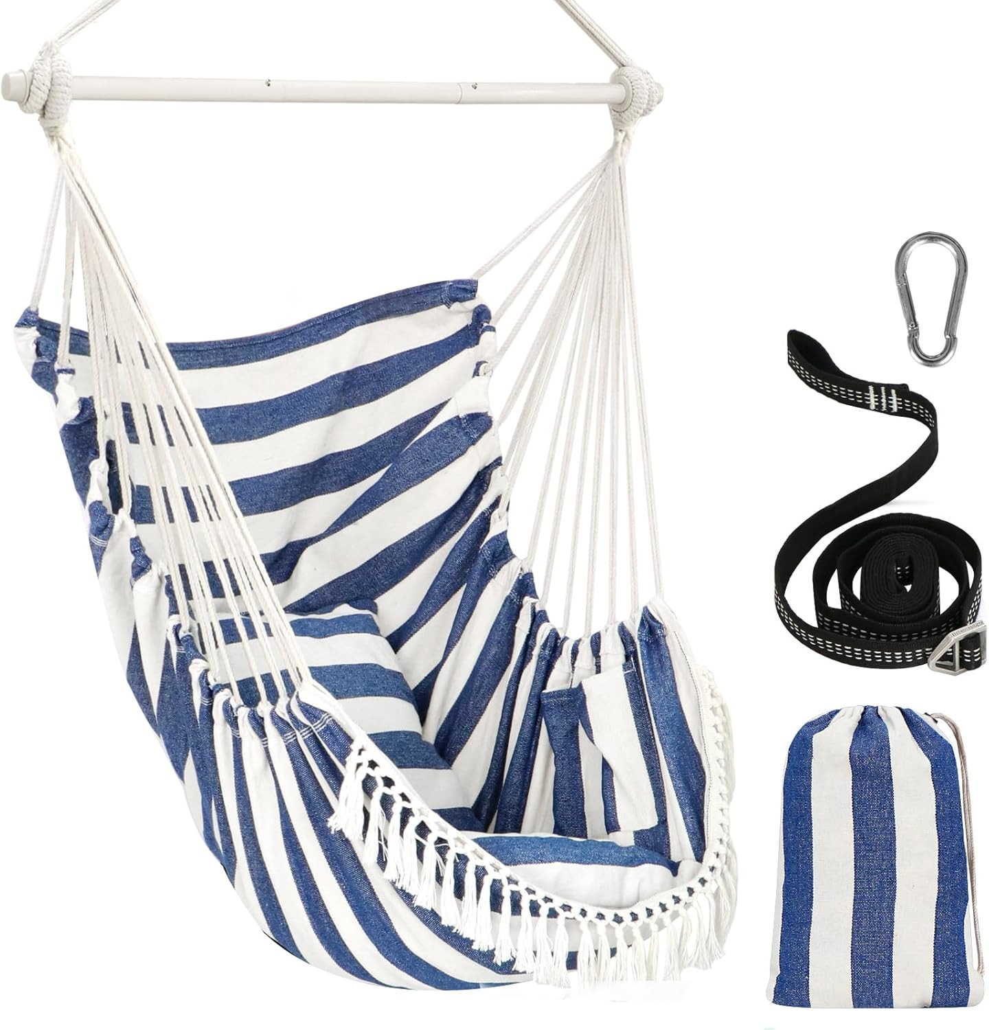 Hammock Swing Chair 500lbs 2 Cushion Steel Spreader Bar Portable Side Pocket