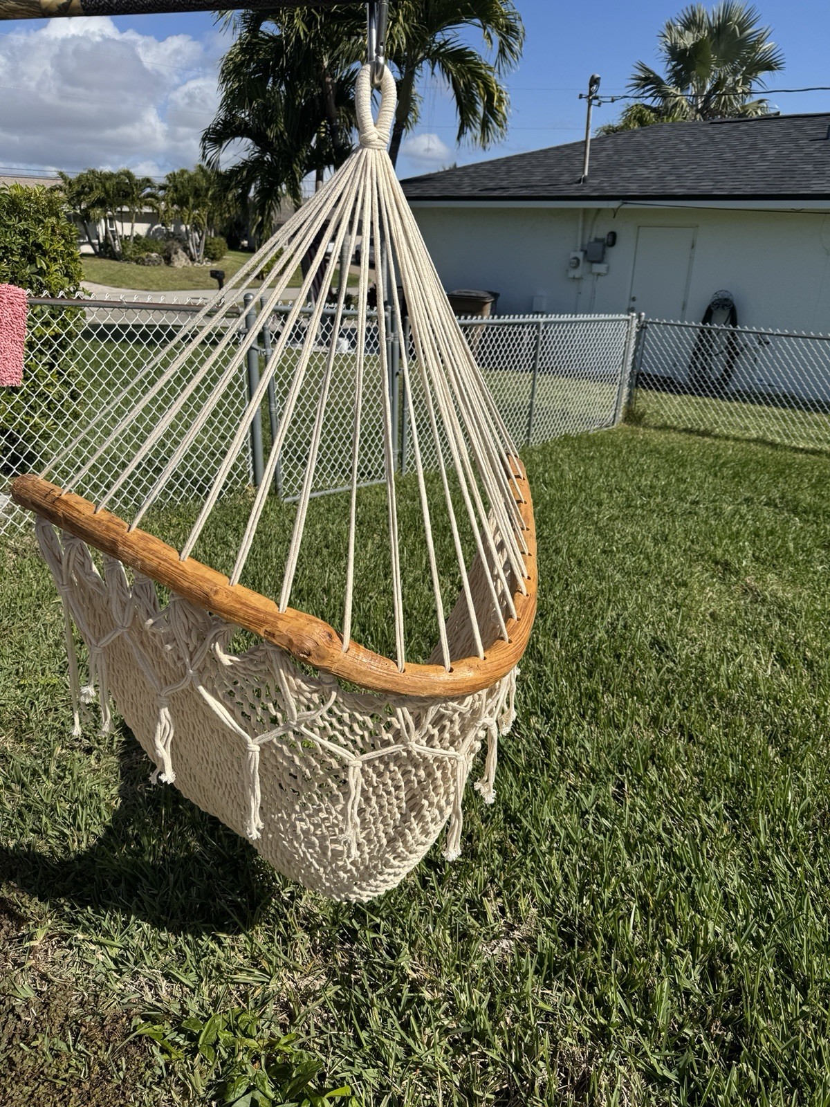 Large Heavy Duty Hand Carved Wooden Rod Frame Rope Swing Chair Fringe Bohemian