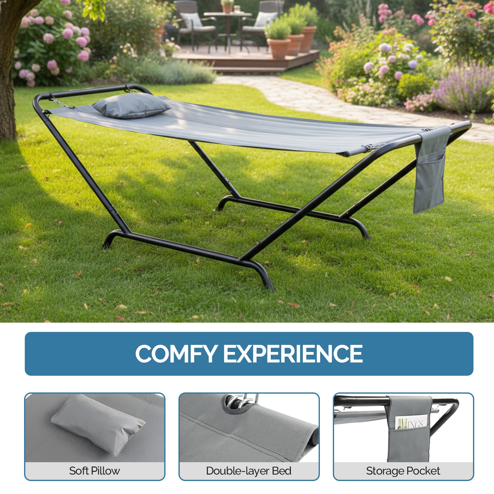 Cozy Hammock Bed Set with Stand, Bag Patio Weather-Resistant Outdoor Garden