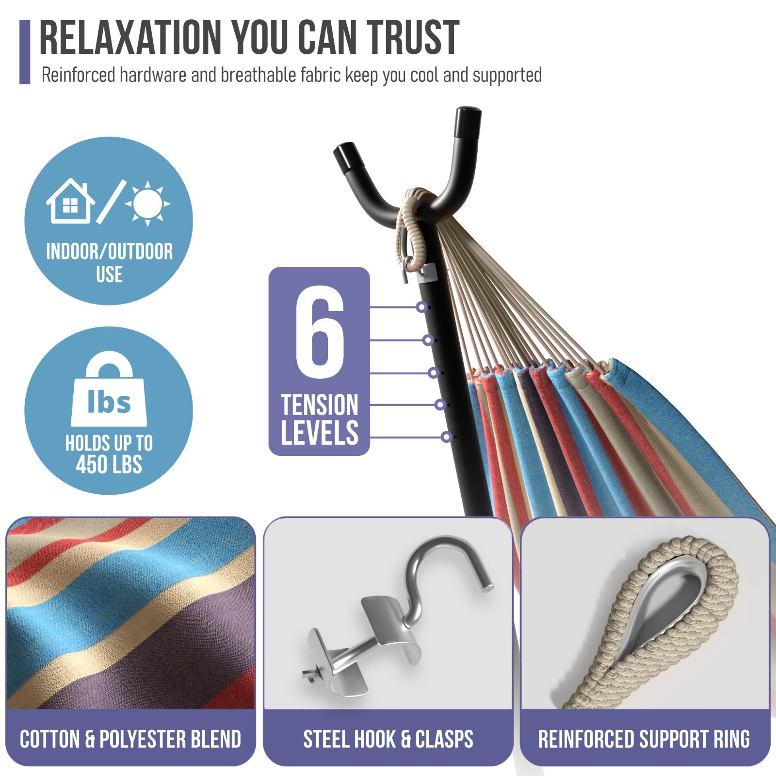 Brazilian Double Hammock with stand – Blue, Sand, Purple, Red Stripes