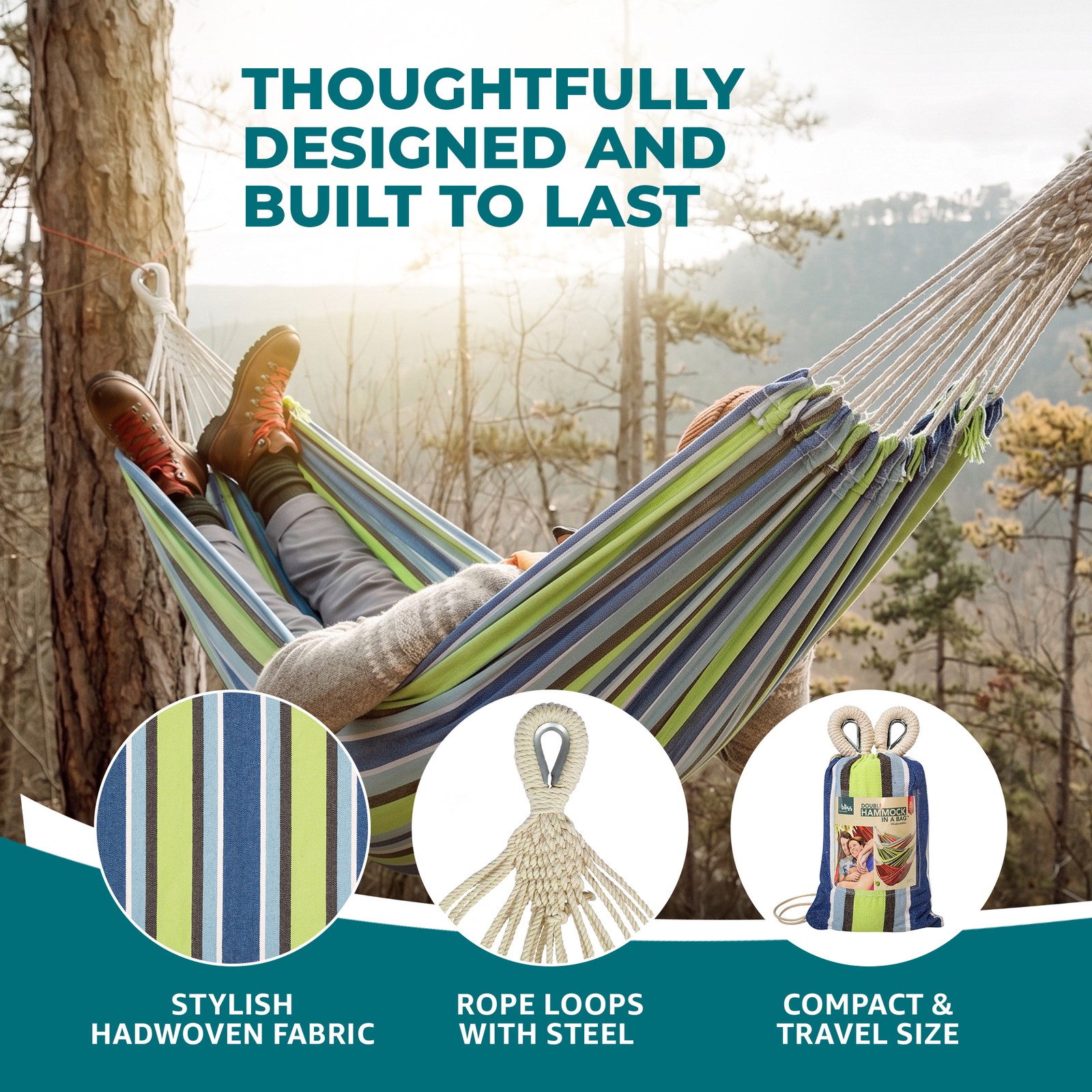 Bliss Hammocks Double Hammock with Rope Loops & Tree Straps, 265 lb, Blue Honu