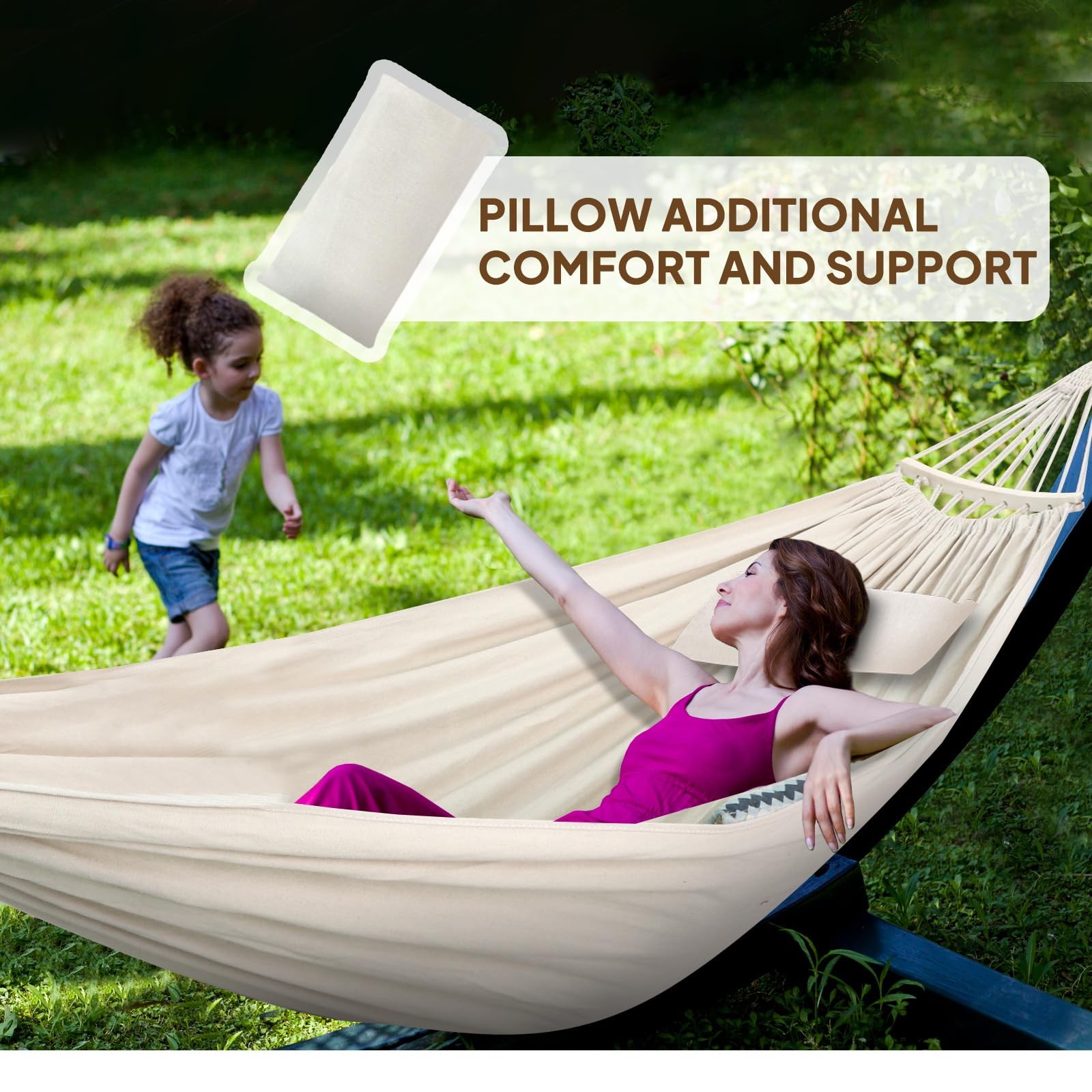 Cotton Hammock Large Soft Breathable 660lbs Detachable Spreader Bar Pillow