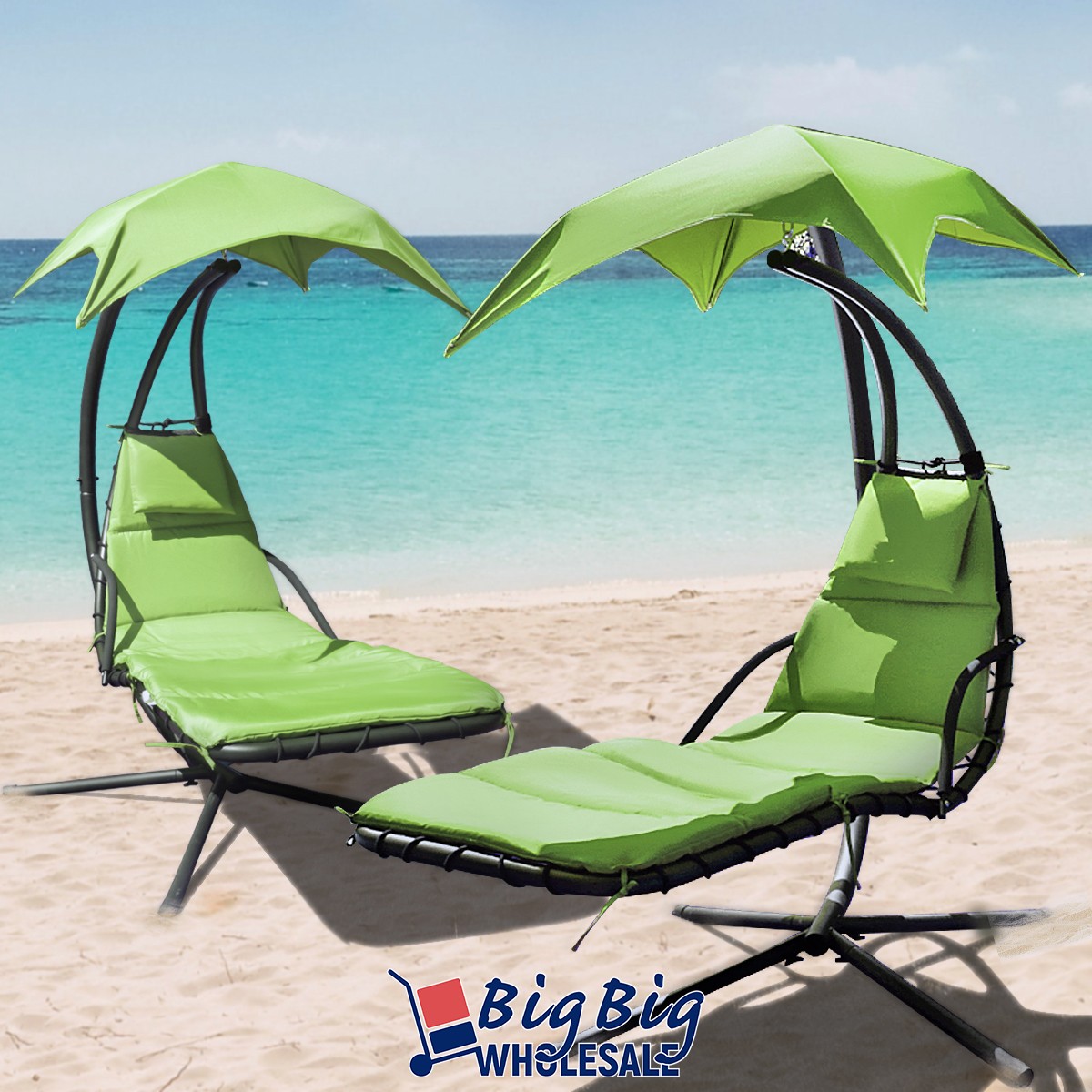 2 Patio Hanging Chaise Outdoor Lounge Chairs Cushion Green Canopy Arc Stand