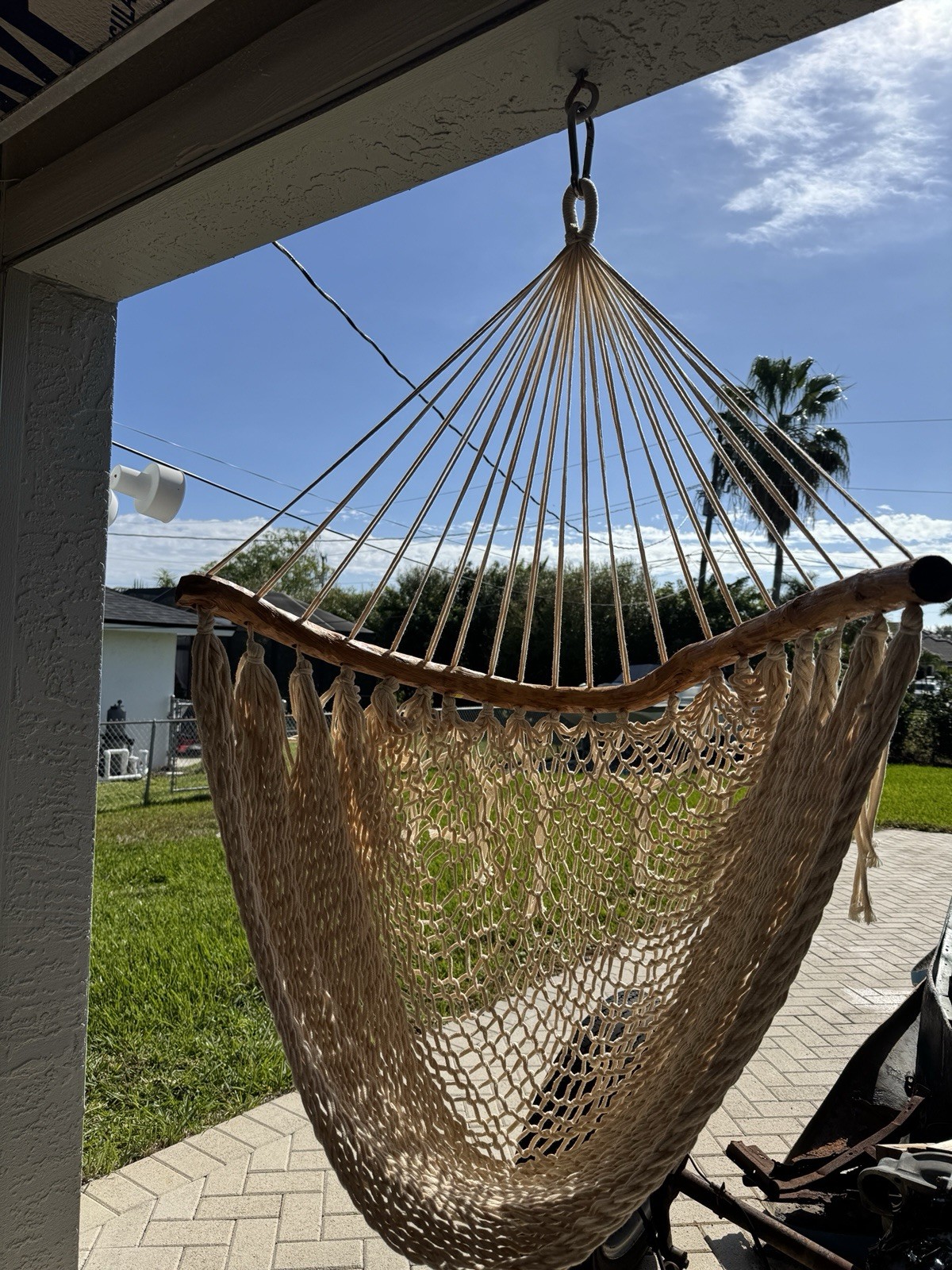 Large Heavy Duty Hand Carved Wooden Rod Frame Rope Swing Chair Fringe Bohemian