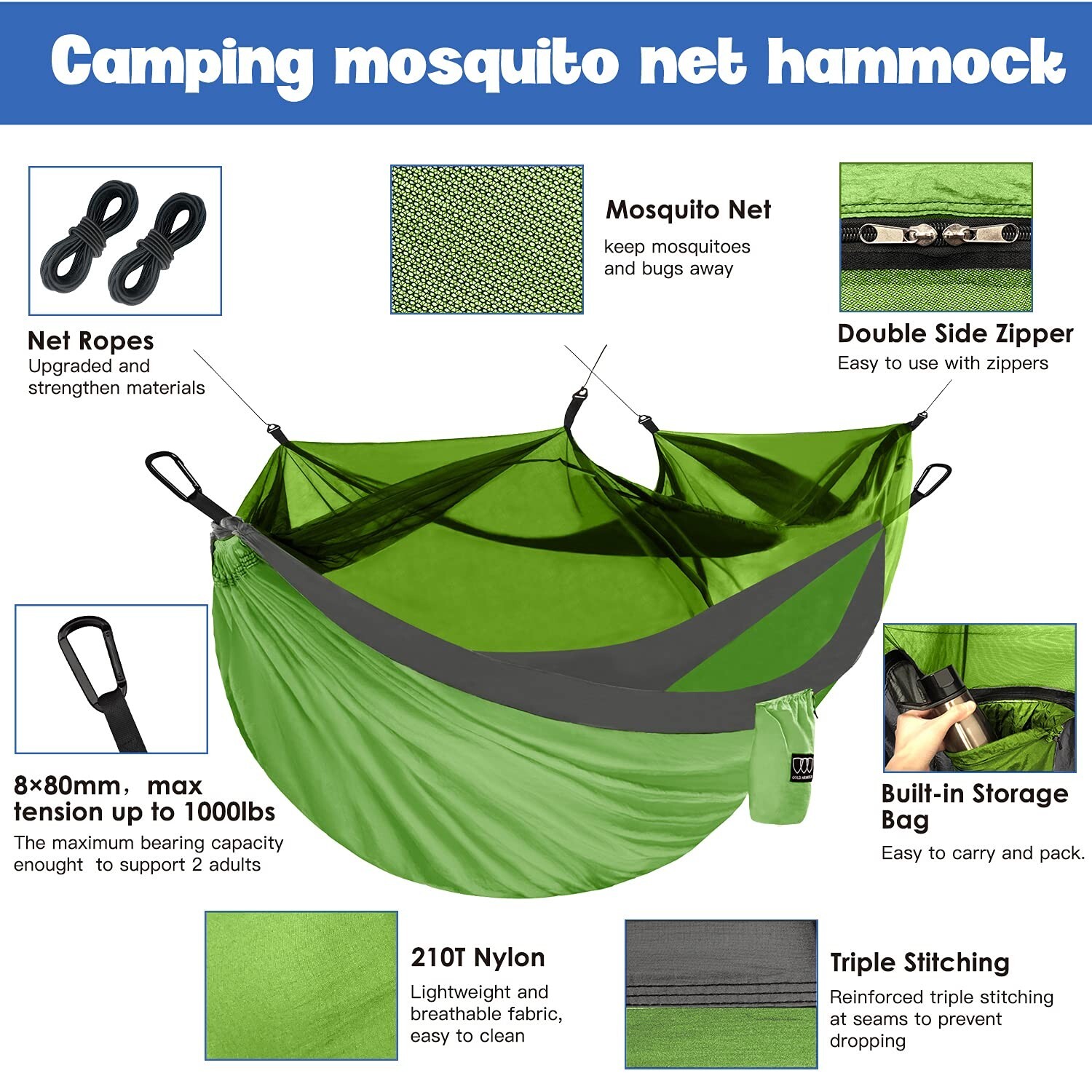 Double Person Camping Hammock Tent with Mosquito Net Hanging Bed Portable