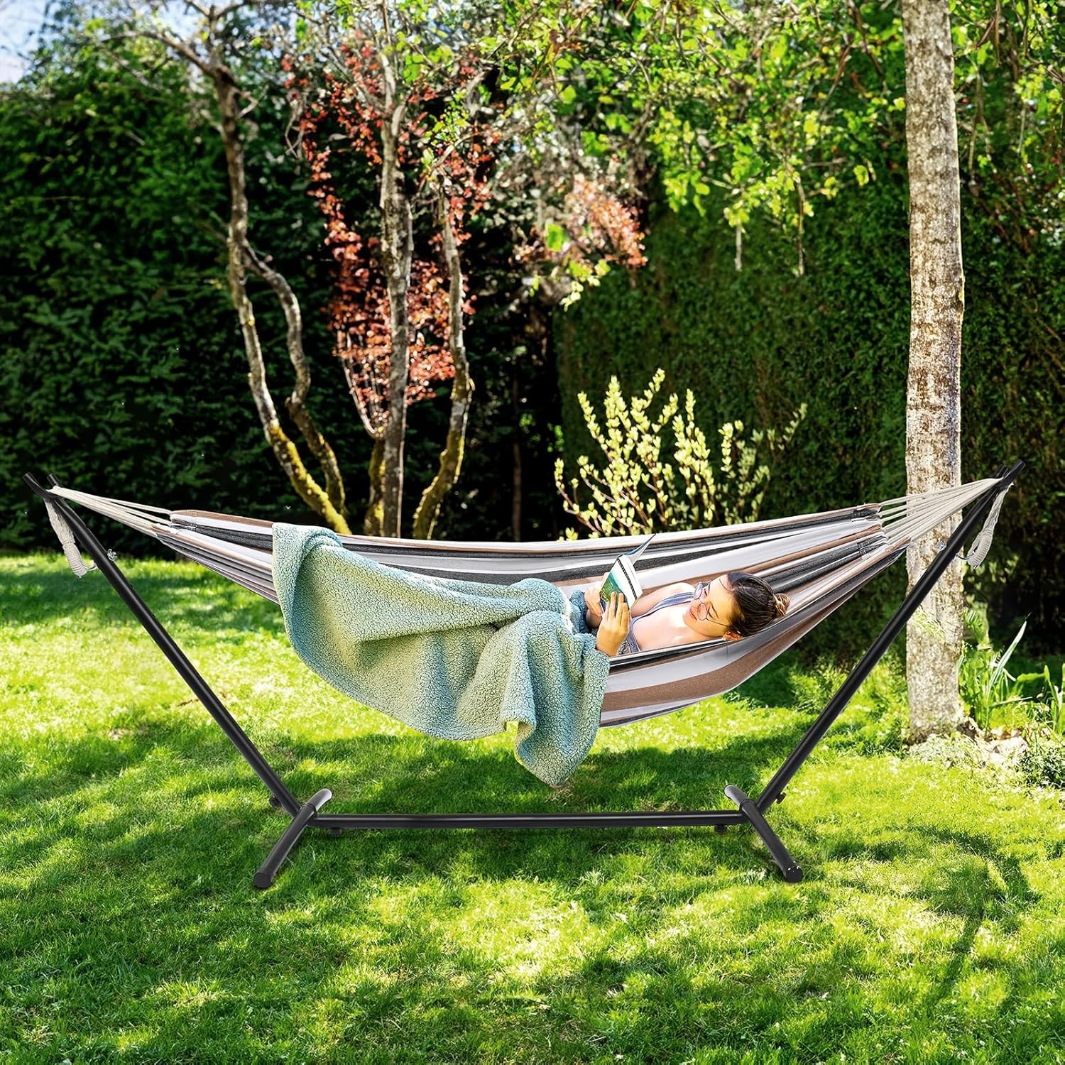 550 LBS Capacity Double Hammock with Stand Included with Portable Carrying Bag