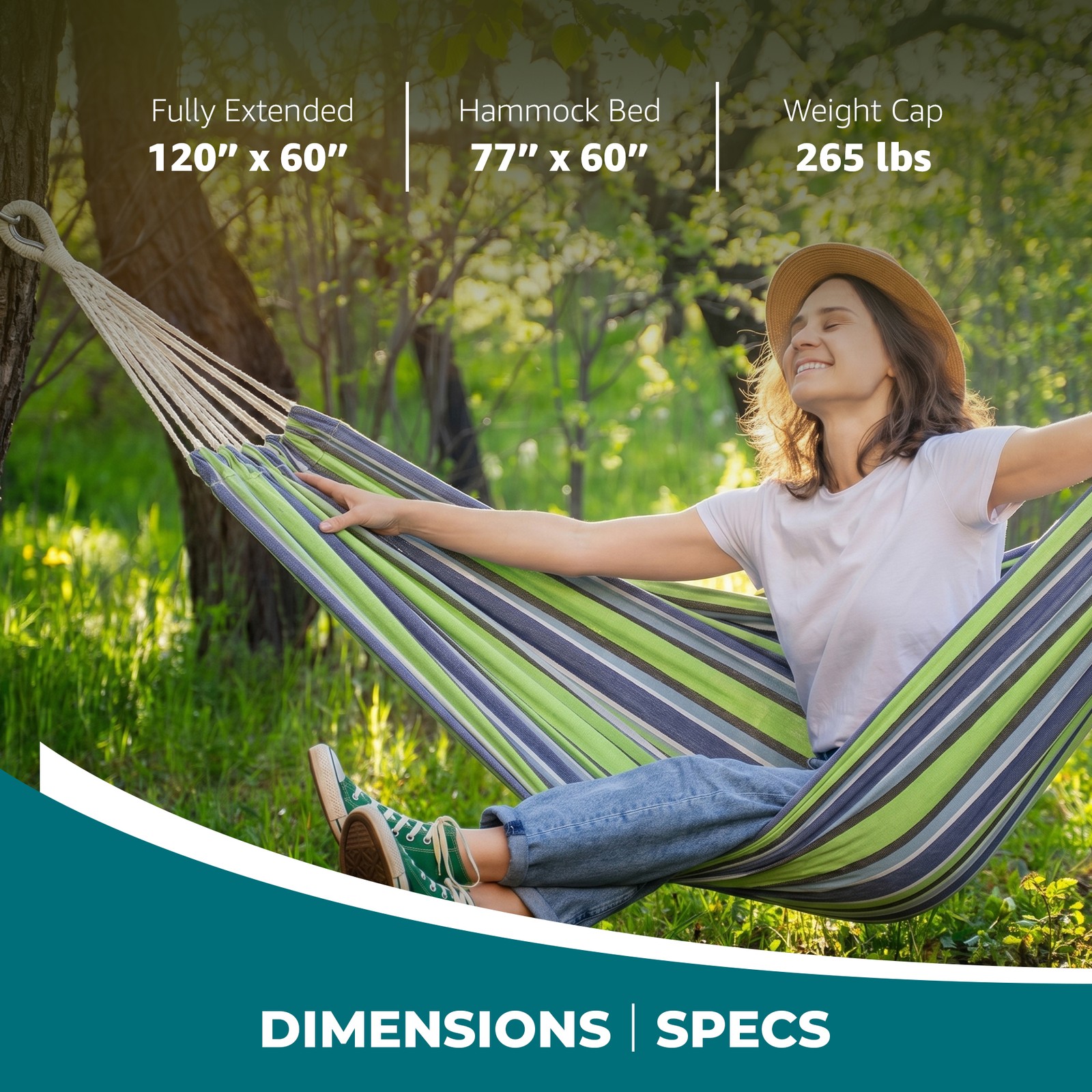 Bliss Hammocks Double Hammock with Rope Loops & Tree Straps, 265 lb, Blue Honu