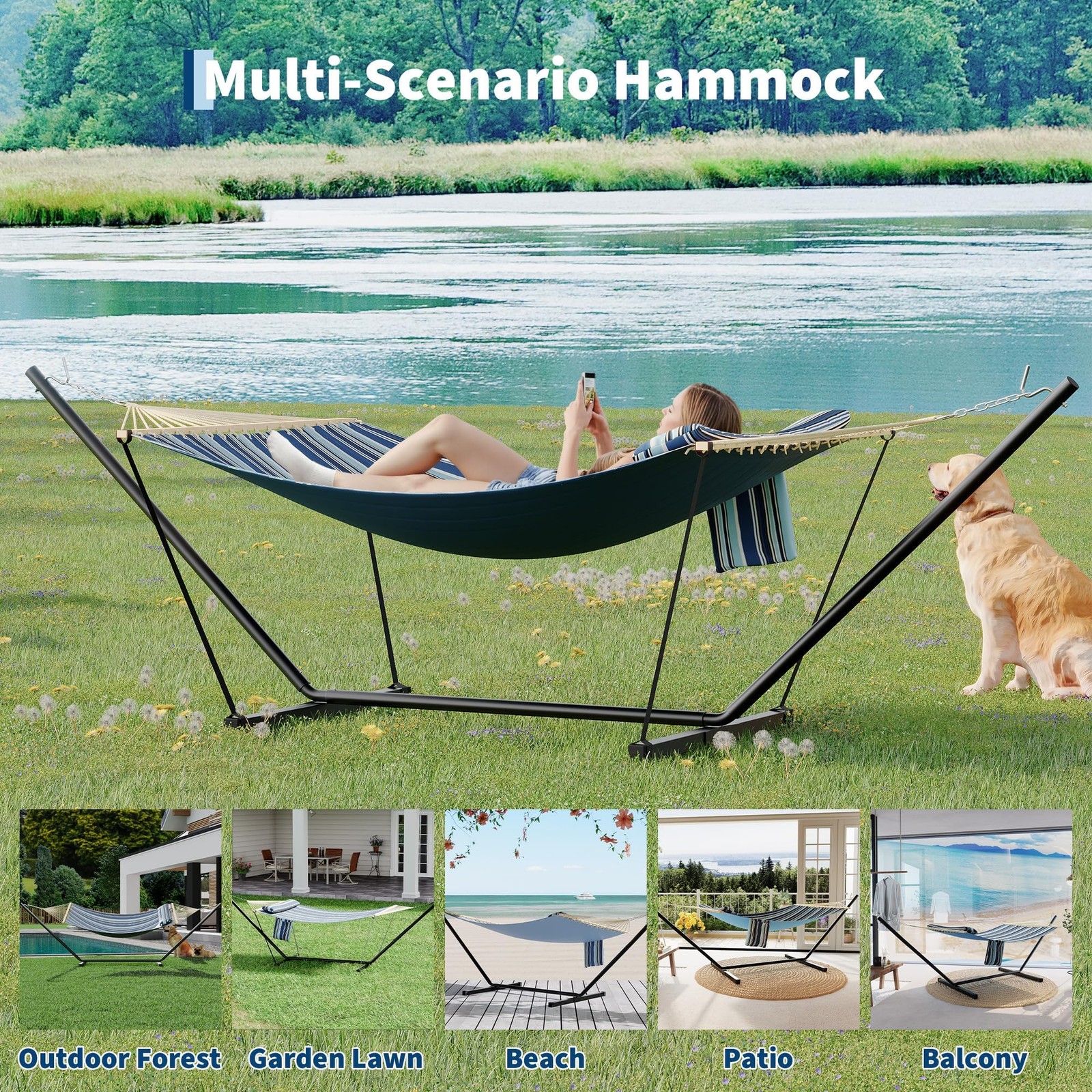 Double Hammock with Stand 2 Person Heavy Duty Portable Outdoors Adjustable Steel