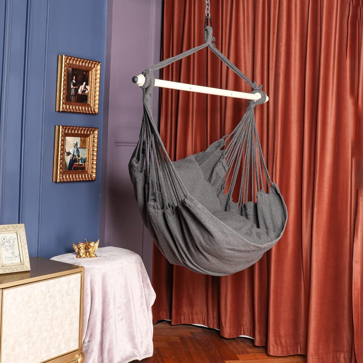 Hammock Chair Hanging Rope Swing Polyester 500lbs Indoor Outdoor Grey