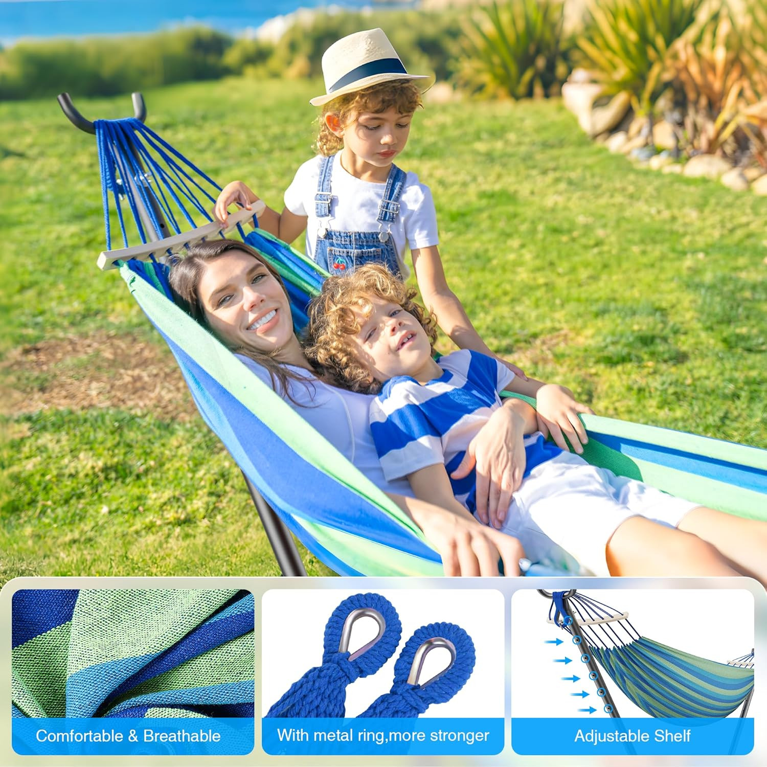 Double Hammock with Stand, 2 Person Hammock with Anti-Rollover Spreader Bar, Adj