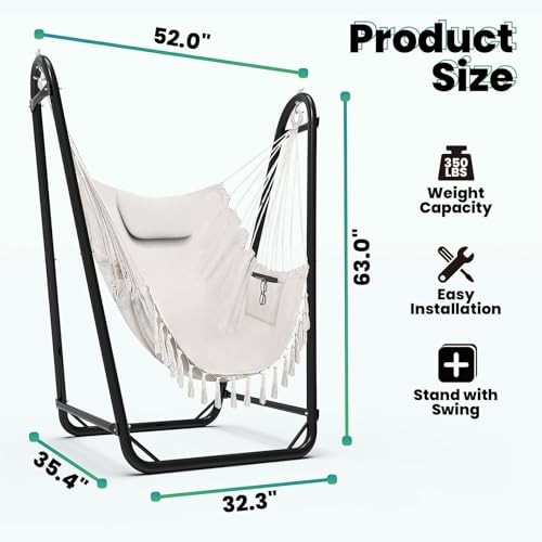 Hammock Chair with Stand,Heavy-Duty Hanging Chair with Stand, for Indoor White