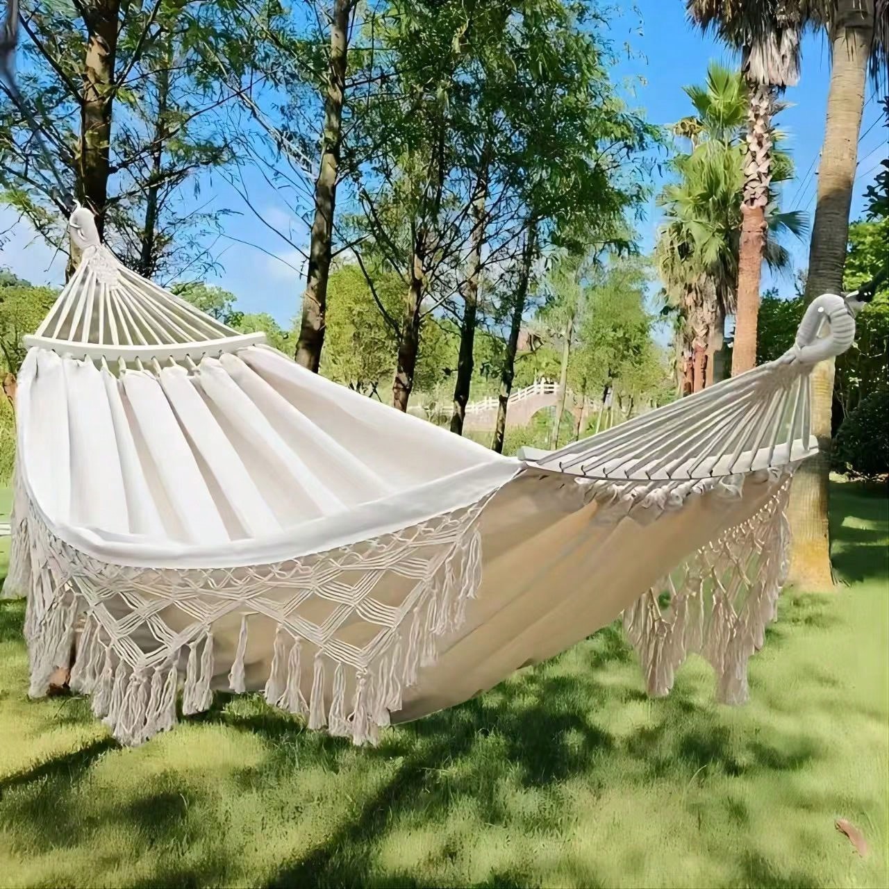Cozy Brazilian Double Hammock Elegant Red White Lace Boho Fringe Hanging Bed