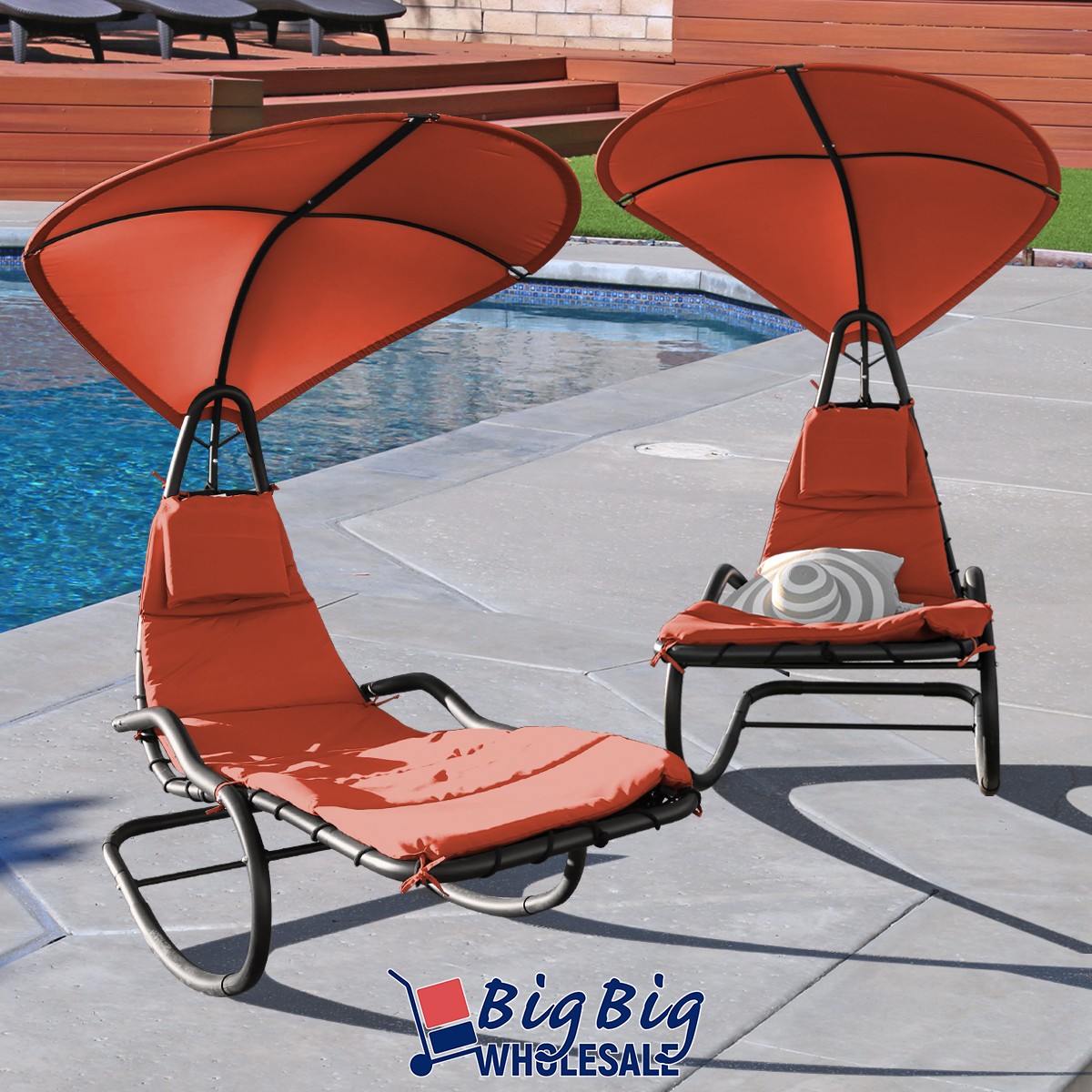 2 Orange Outdoor Backyard Patio Hammock Chaise Lounge Chair Rocking Swing Canopy