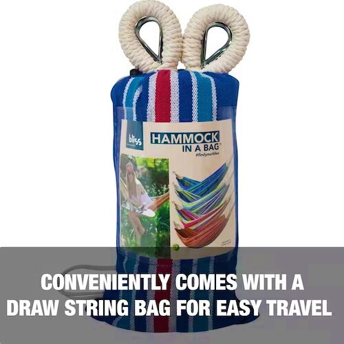 Bliss Hammock In Bag + Hanging Ropes 250 LB Capacity Cotton Polyester MultiColor