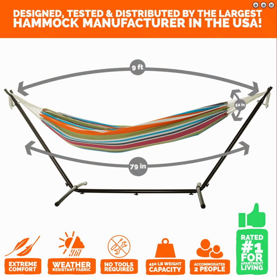 Key West Brazilian Polycotton Hammock w/ Stand Bag, Multicolor Stripe 450lb